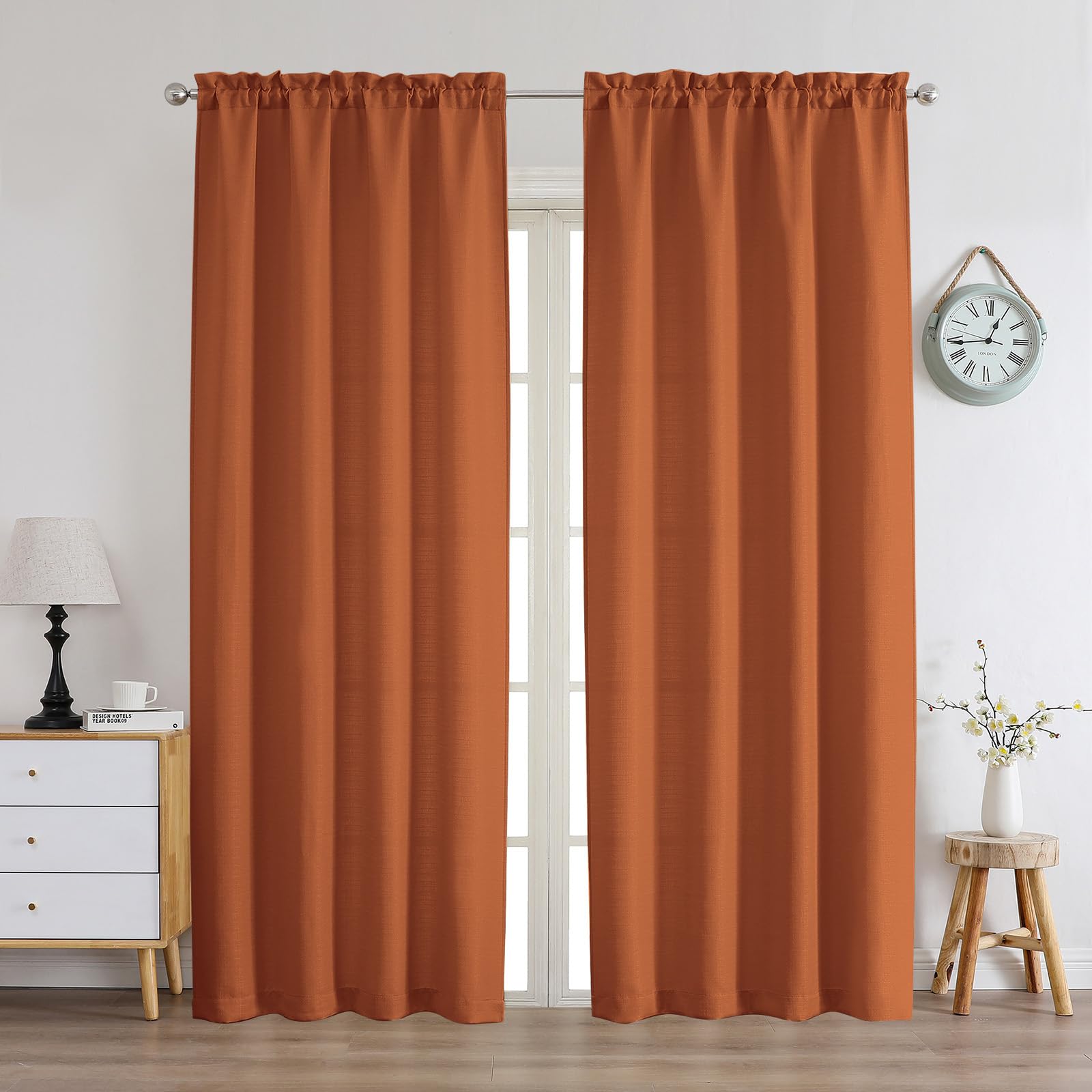 Chyhomenyc Orange Curtains 84 Inch Length 2 Panels Set, Faux Linen Textured Semi Light Filtering Soft Airy Farmhouse Curtain Dra