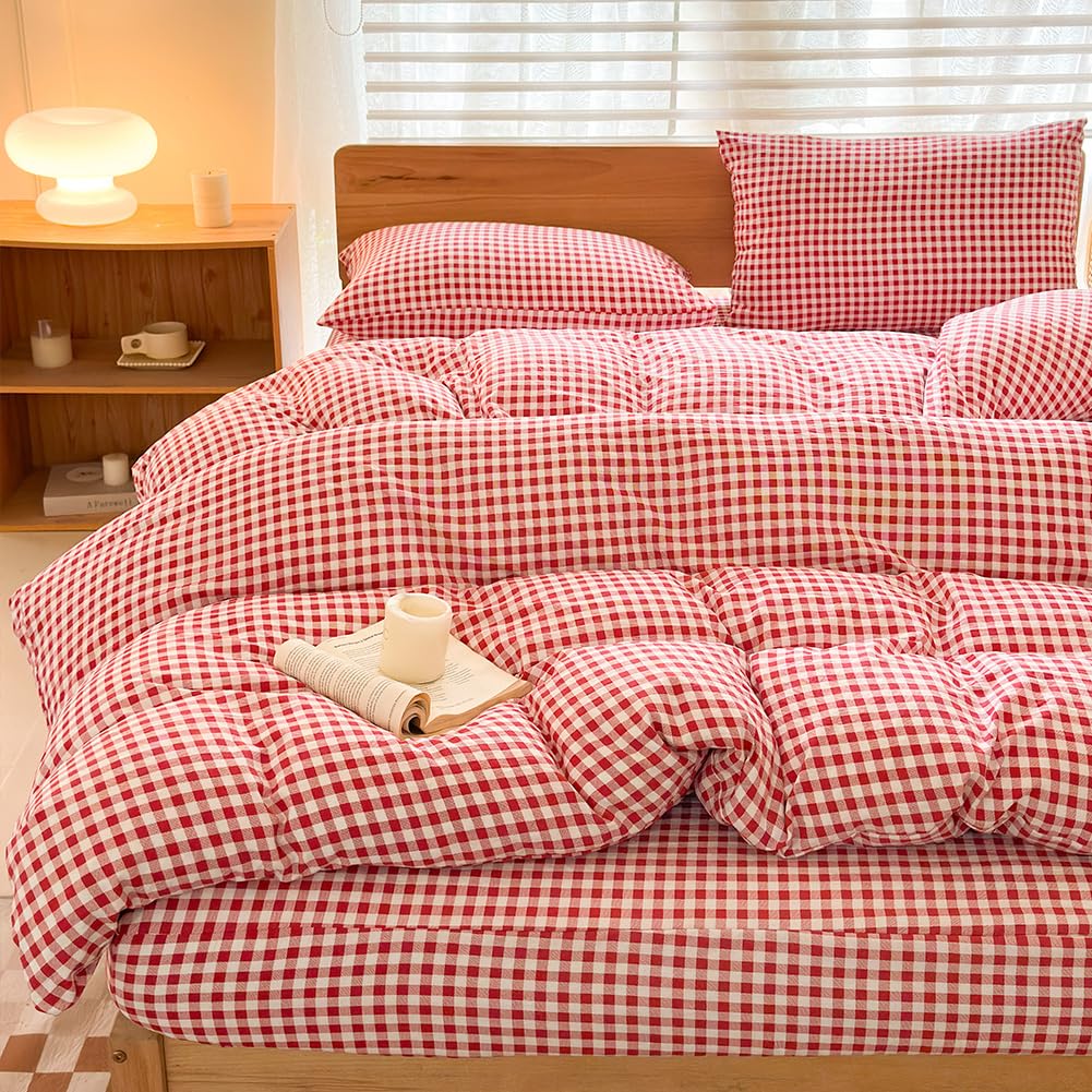 NSNLGSGC Red Gingham Duvet Cover Set King, Grid Simple Geometric Square Pattern Comforter Cover,Soft Plaid Washed Microfiber Bed