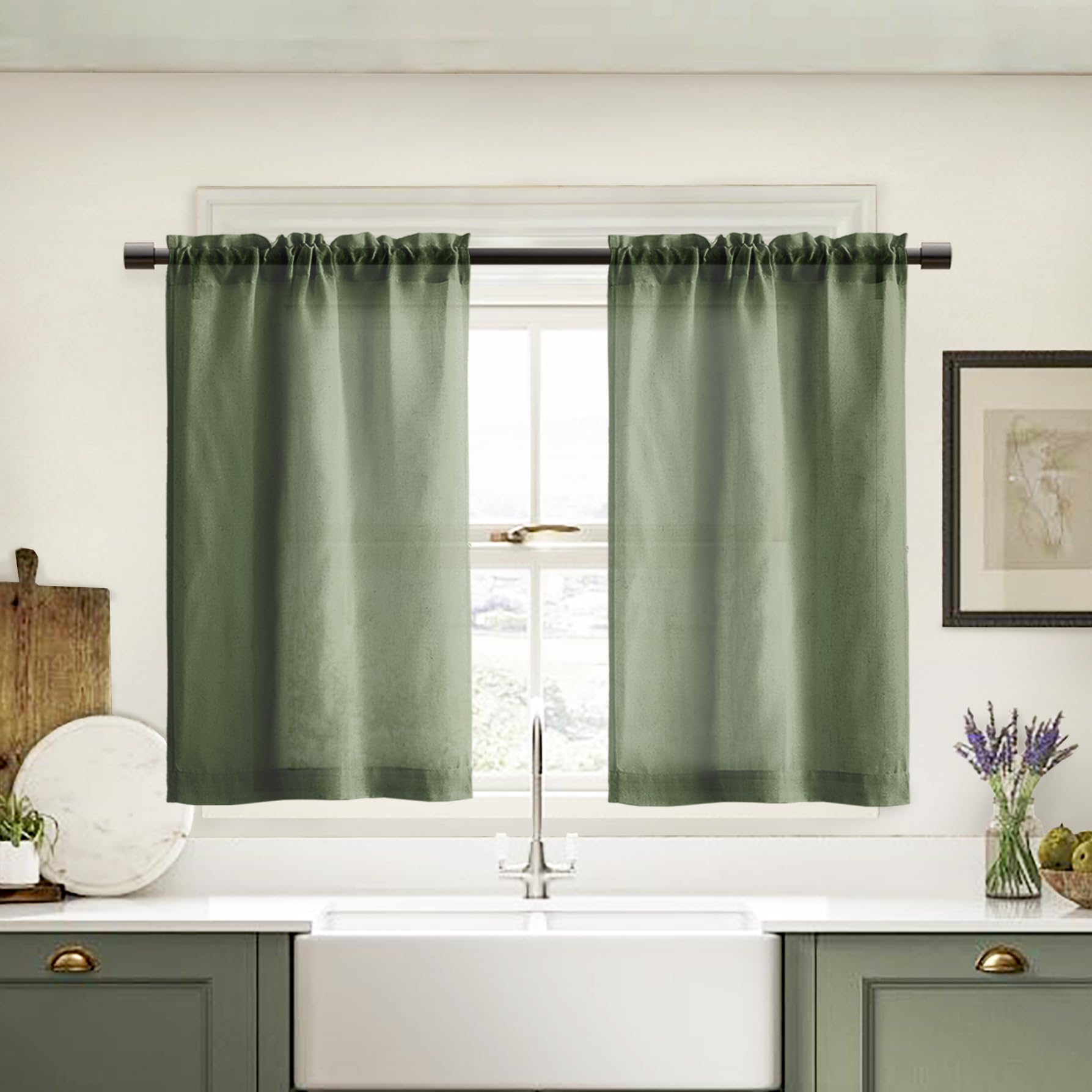 XTMYI Olive Green Linen Kitchen Curtains 24 Inch Length Rustic Farmhouse Boho Short Cafe Semi Sheer Curtains Rod Pocket Tiers fo