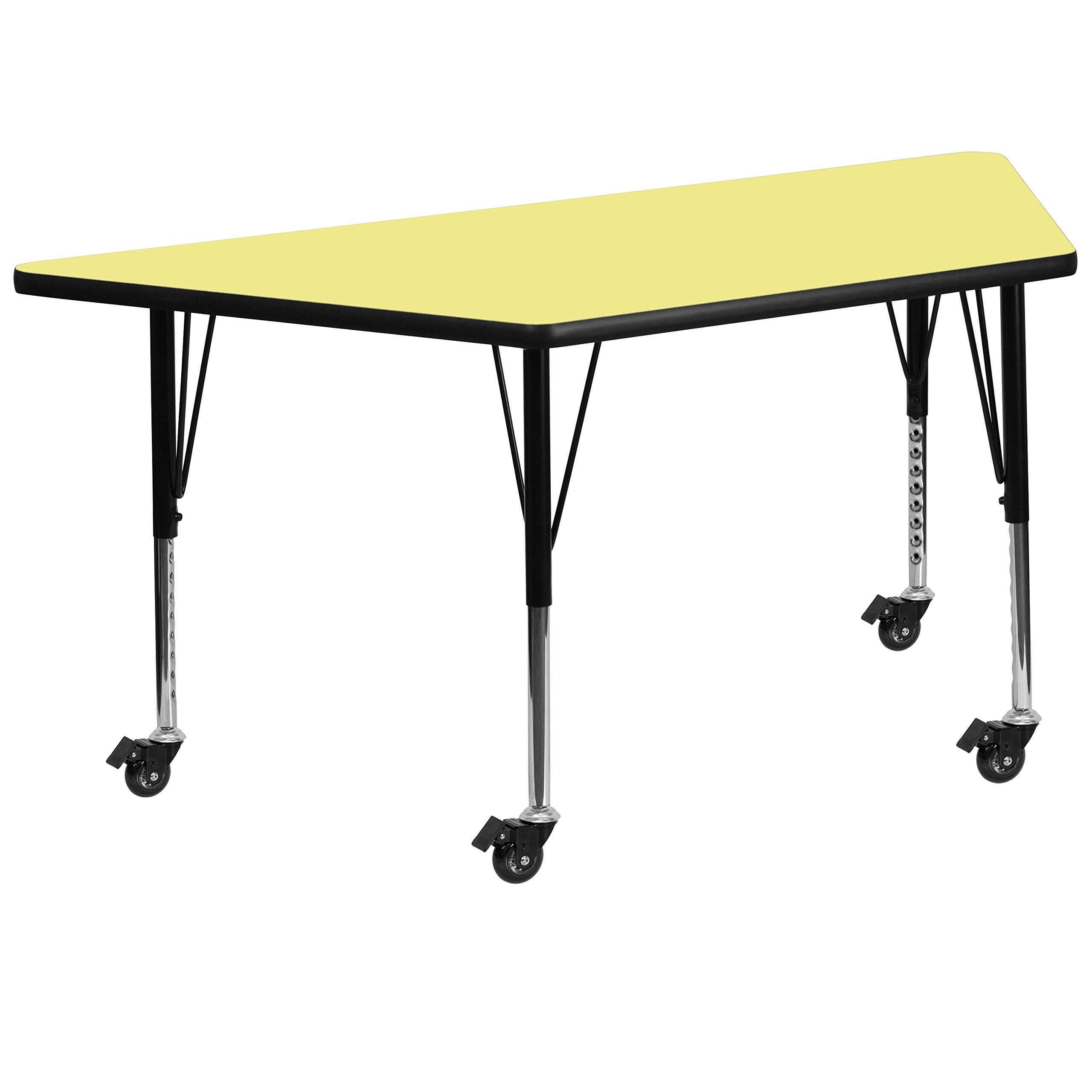 Flash Furniture Mobile 29.5W x 57.25L Trapezoid Yellow Thermal Laminate Activity Table - Height Adjustable Short Legs