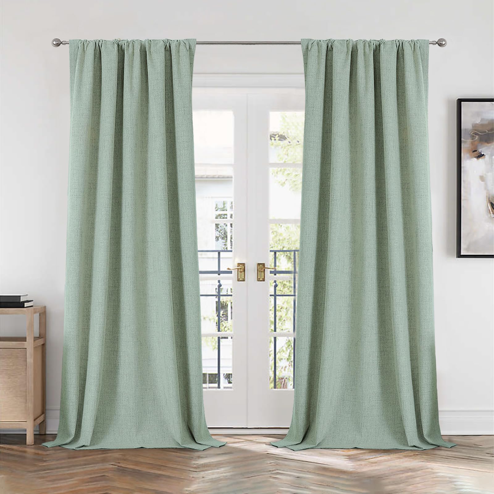 CUCRAF 100% Blackout Back Tab and Rod Pocket Curtains 96 Inch Length 2 Panels Set, Sage Green Linen Curtain for Living Room Bedr