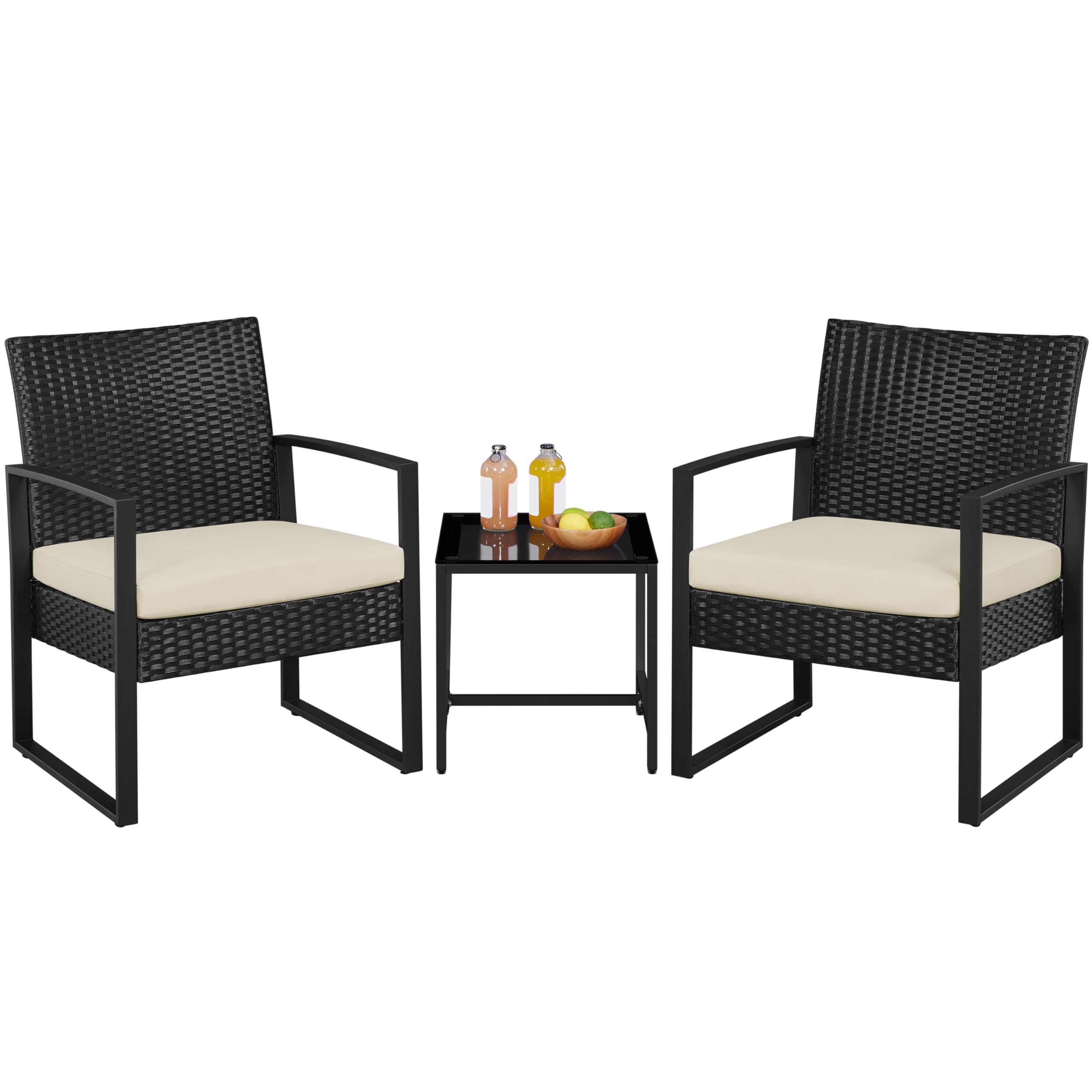 Yaheetech 3 Pieces Rattan Bistro Set, Outdoor Wicker Patio Modern Conversation Furniture, 2 Chairs & Tempered Glass Coffee Table