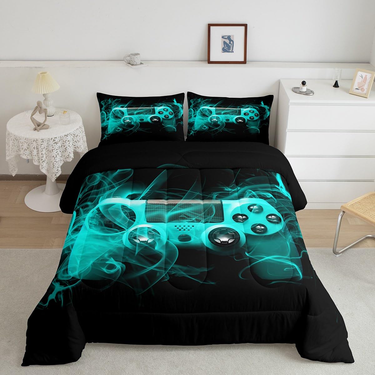 Feelyou Kids Gamer Comforter Set Queen Size Teens Gamepad Bedroom Decor for Boys Girls Video Game Controller Bedding Set Youth G
