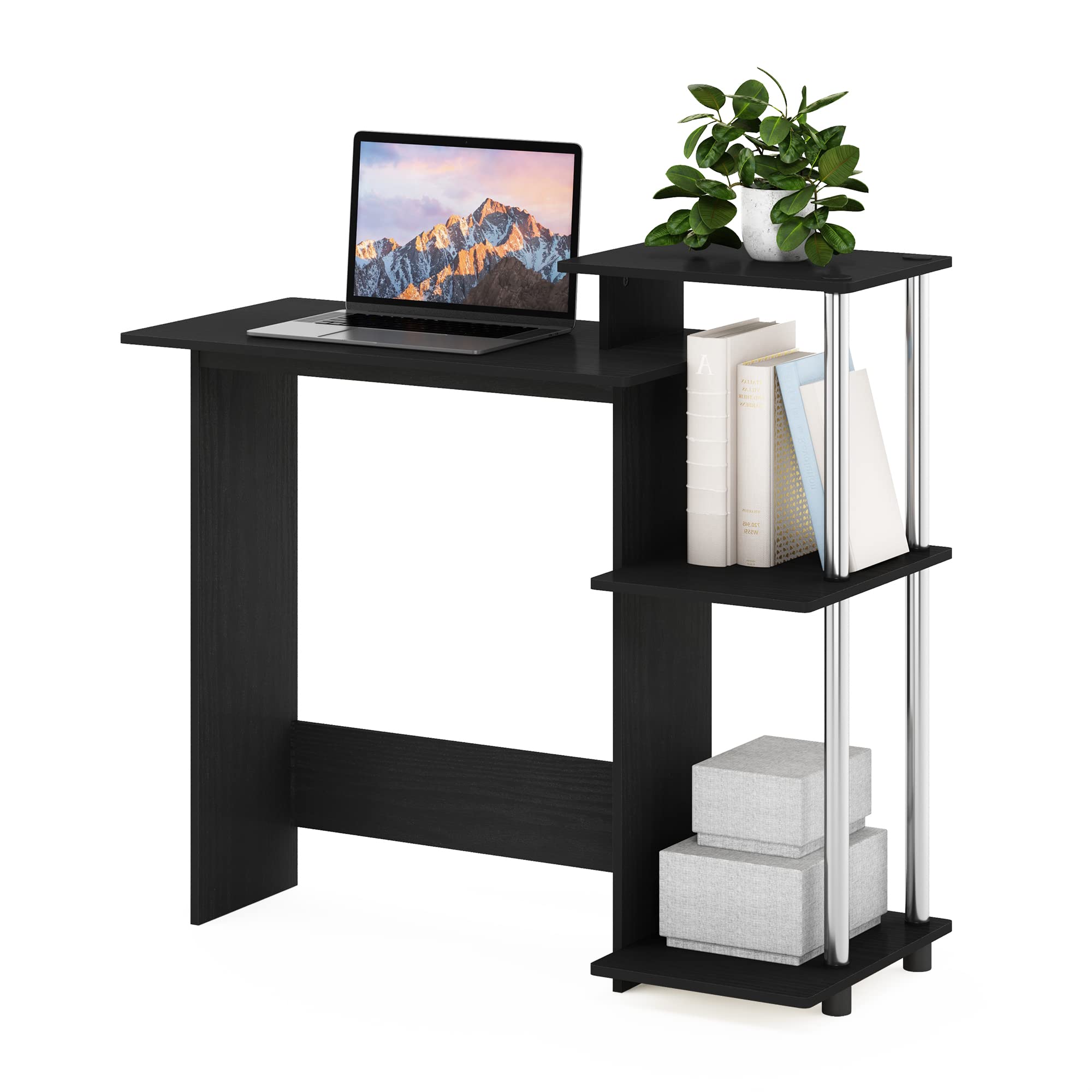 Furinno Efficient Home Laptop Notebook Computer Desk with Square Shelves, Side, Americano/Chrome