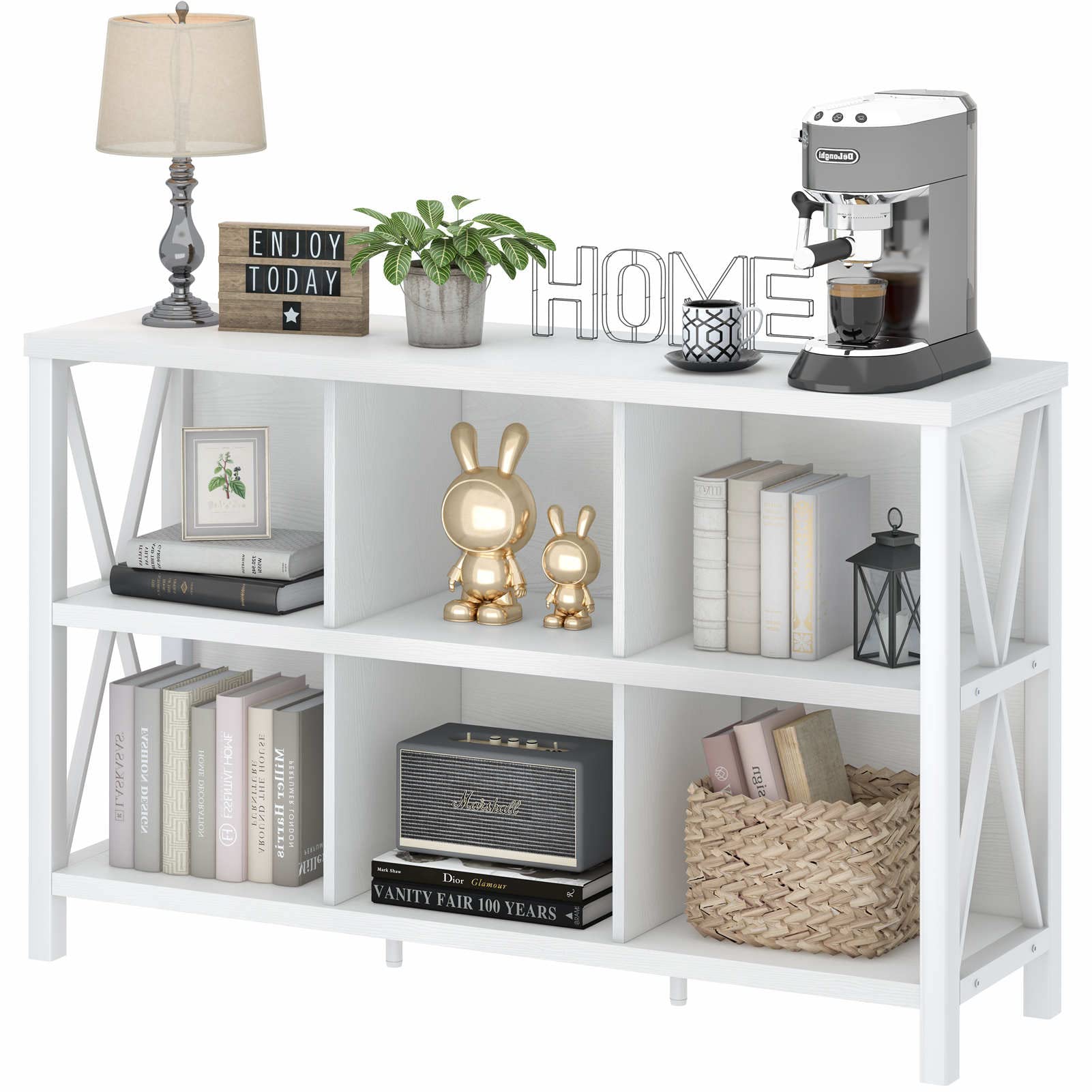 FATORRI 6 Cube Storage Organizer with Shelf, Long Wood and Metal Cubby Bookcase, Industrial Horizontal Bookshelf (White Oak, 47 