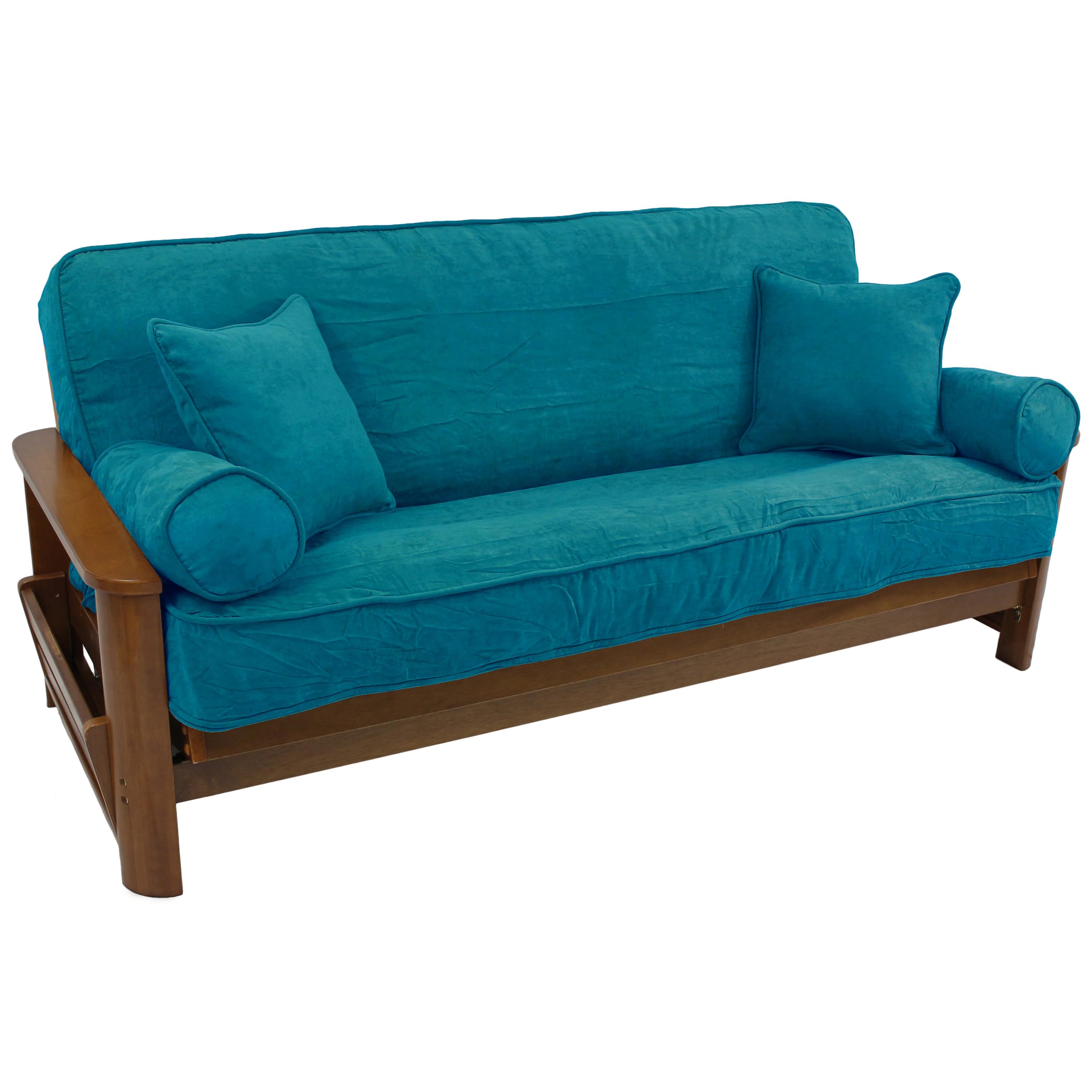 Blazing Needles Solid Microsuede Double Corded 8 to 9 Futon Cover Set with 4 Throw Pillows (Set of 5), Full, Aqua Blue