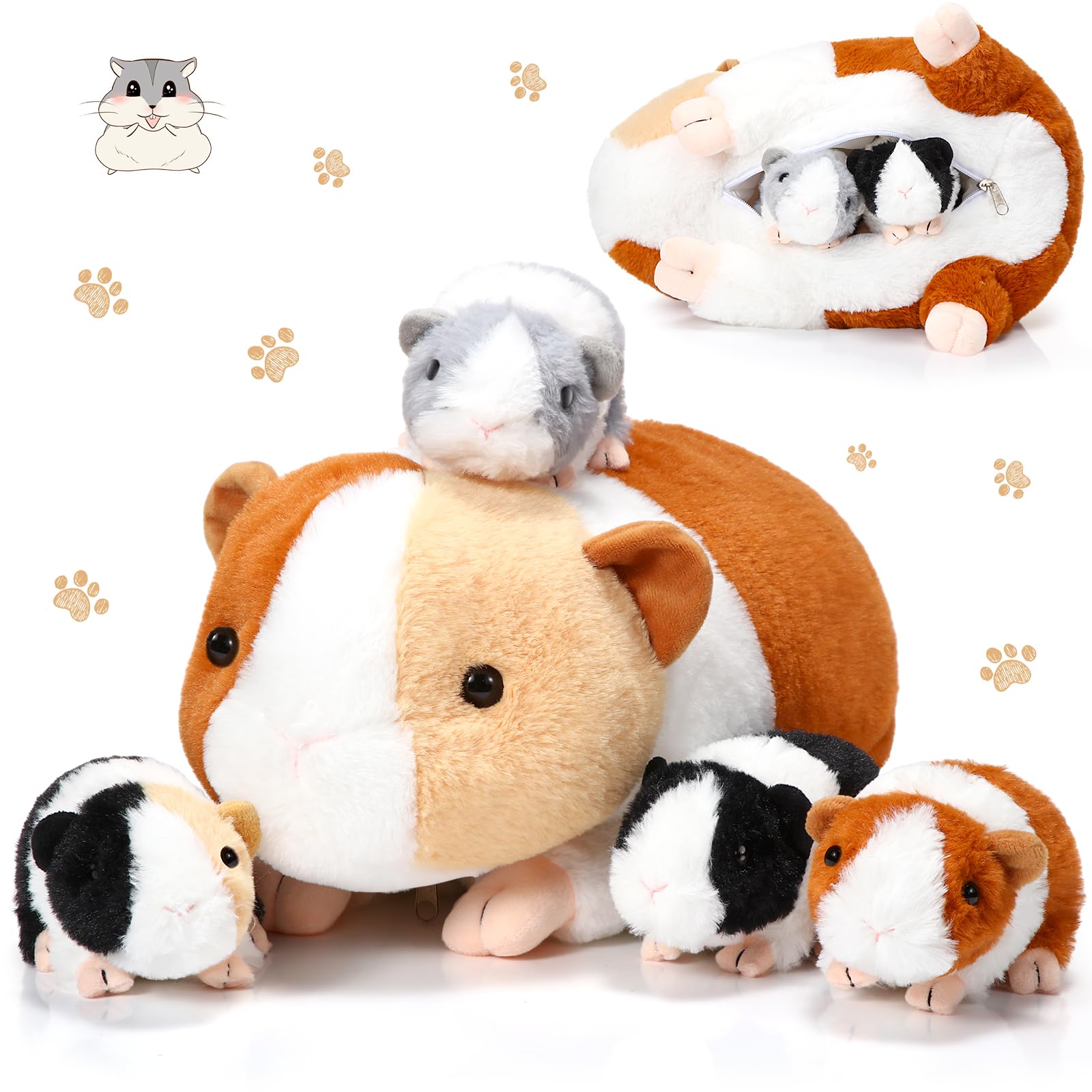 Jenaai 5 Pcs Guinea Pig Stuffed Animals, 16 Inch Big Mama Hamster Realistic Stuffed Animals with 4 Cute Plushie Babies Soft Guin