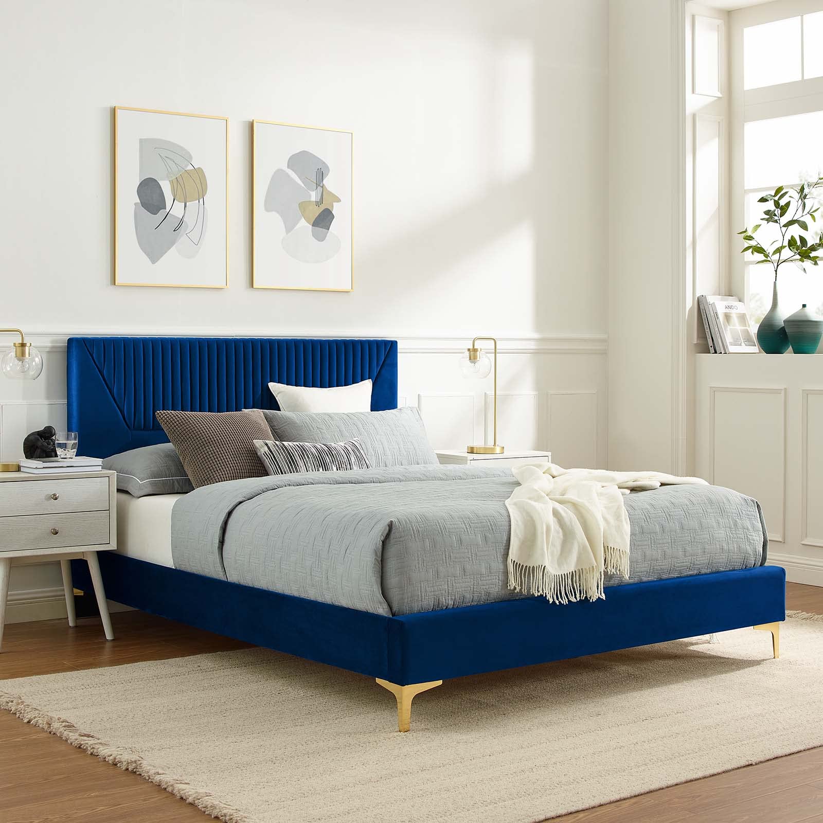 Modway Yasmine Channel Tufted Performance Velvet Queen Platform Bed in Navy