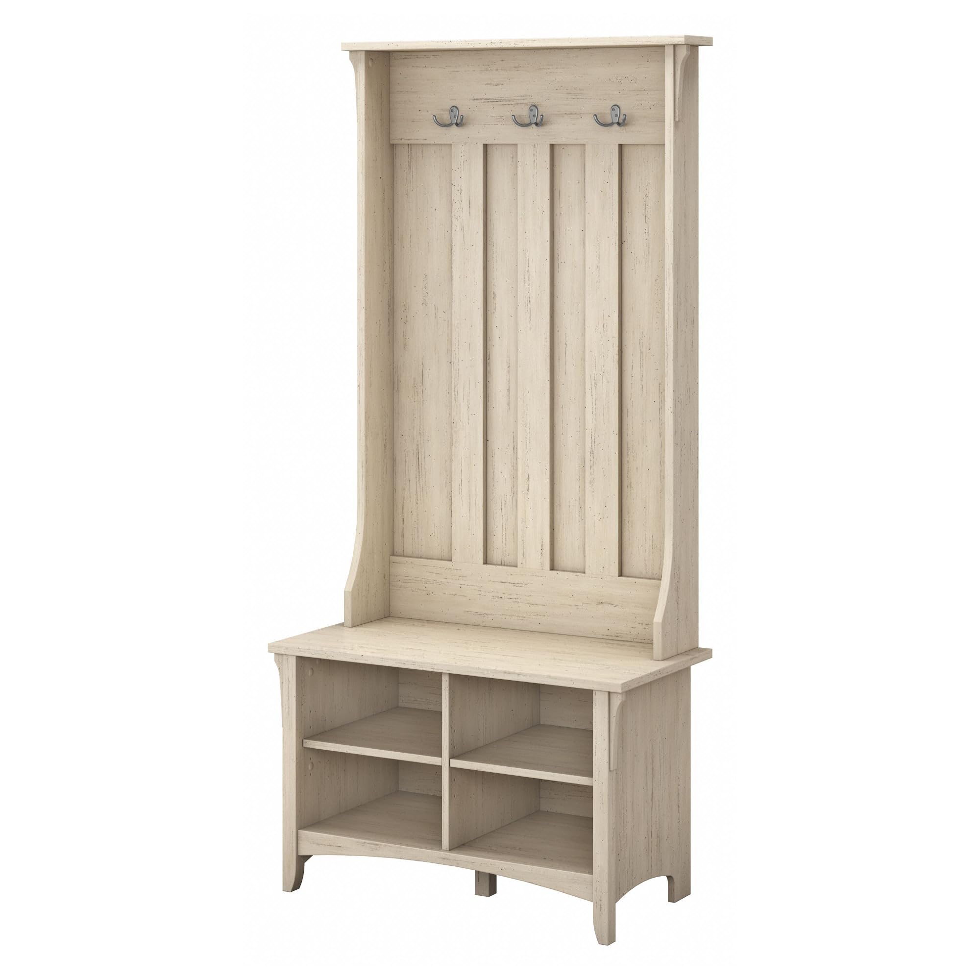 Bush Furniture Salinas Hall Tree with Shoe Storage Bench in Antique White, Multi-Purpose Home Organizer, Entryway Solution with 