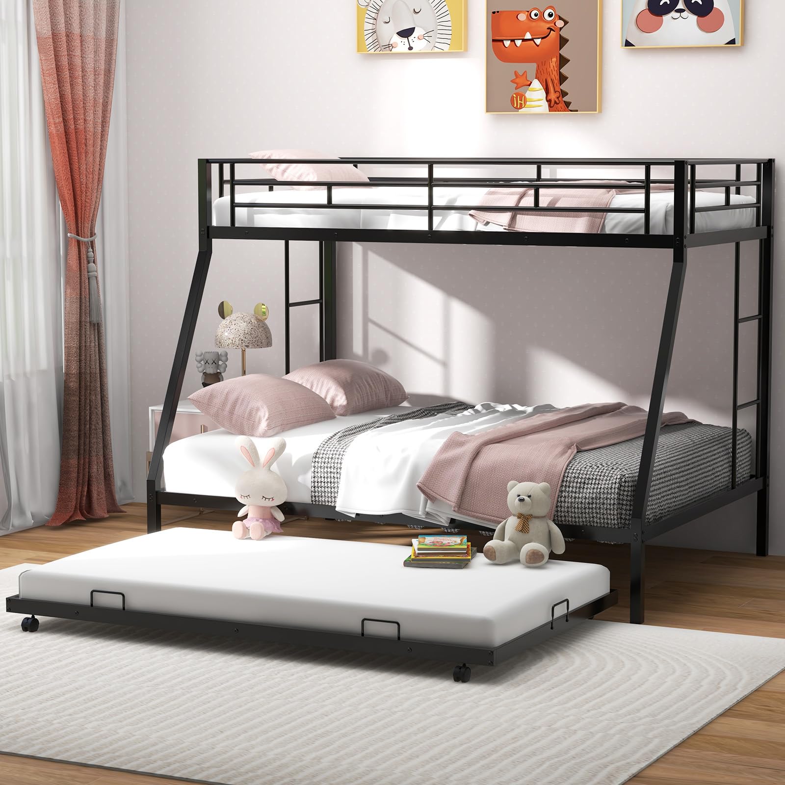 KOMFOTT Twin Over Full Bunk Bed with Trundle, Heavy-Duty Metal Bunk Bed Frame with Guardrail & 2 Ladders, Space-Saving Bunk Bed 