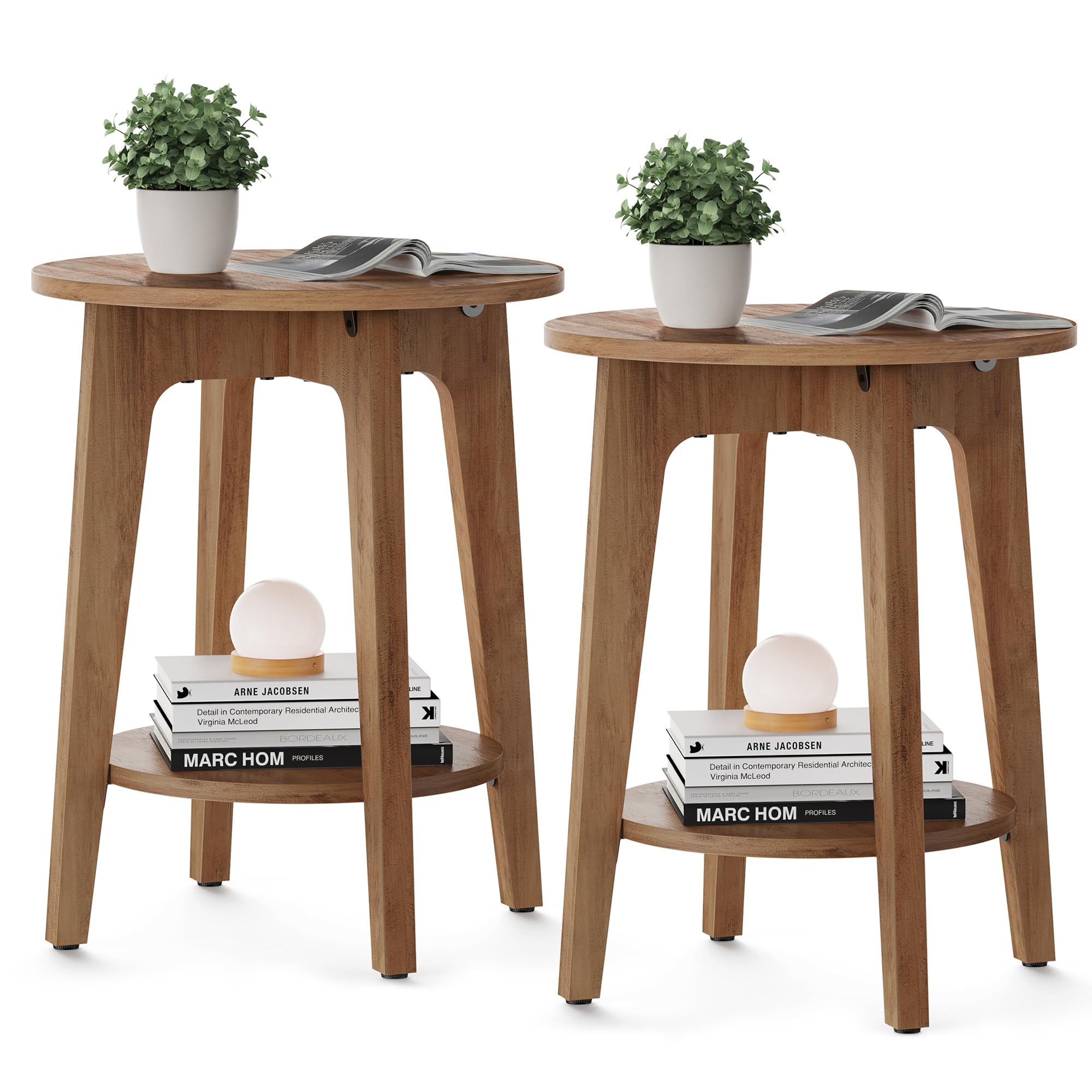 VASAGLE Side Tables, Set of 2, Small Round End Table with Lower Shelf, Nightstand for Small Spaces, Living Room, Bedroom, Rustic