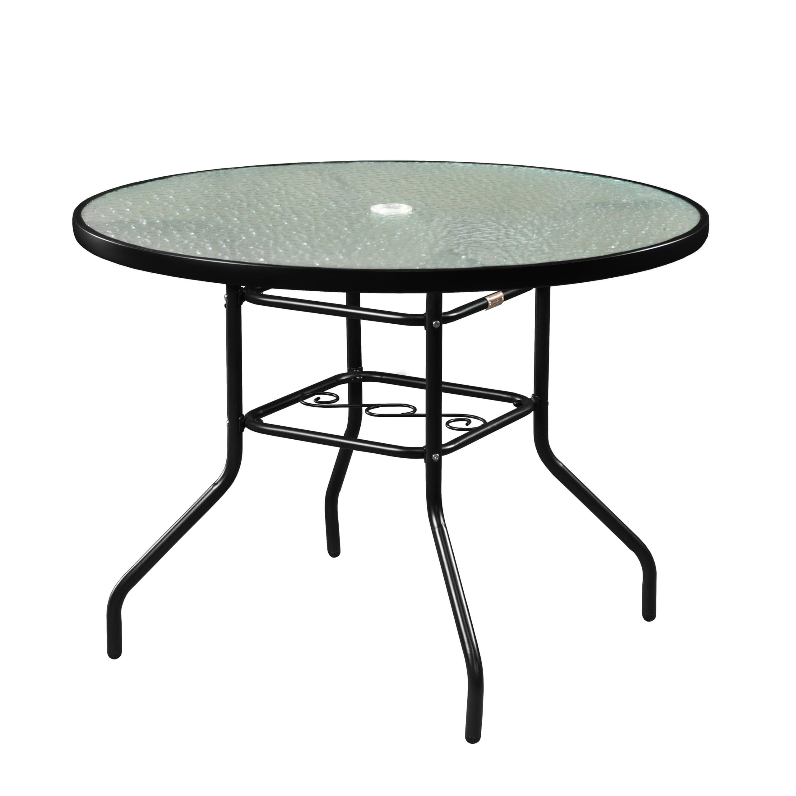 Garden Elements Outdoor Patio Furniture, Round Dining Table, Steel Base and Rim with Water-Wave Glass Top, Black, 40