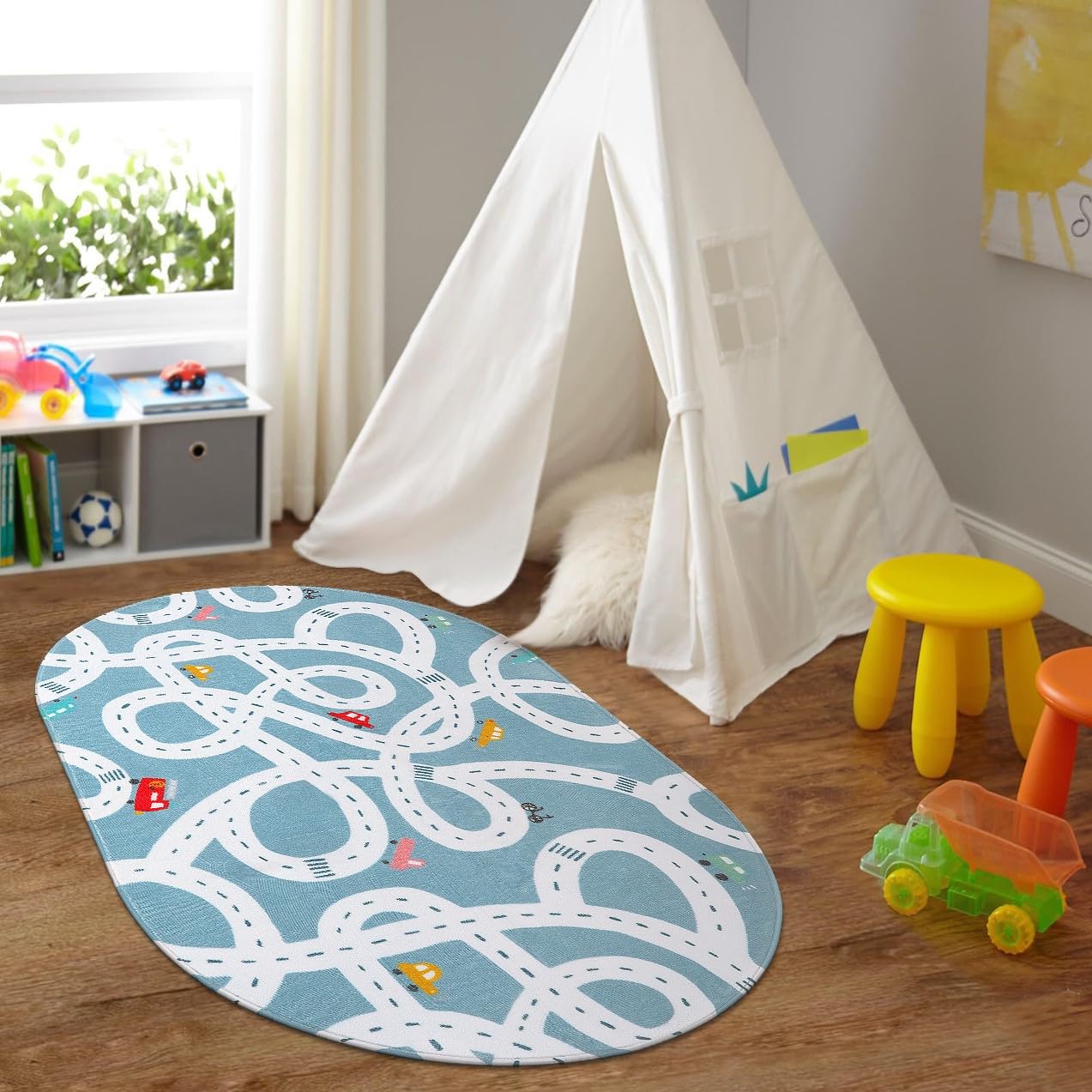 LIVEBOX Blue 3x5 Non-Slip Kids Play Rug, Machine Washable Road Mat for Playroom, Toy Room Carpet with Cartoon Design for Boys 
