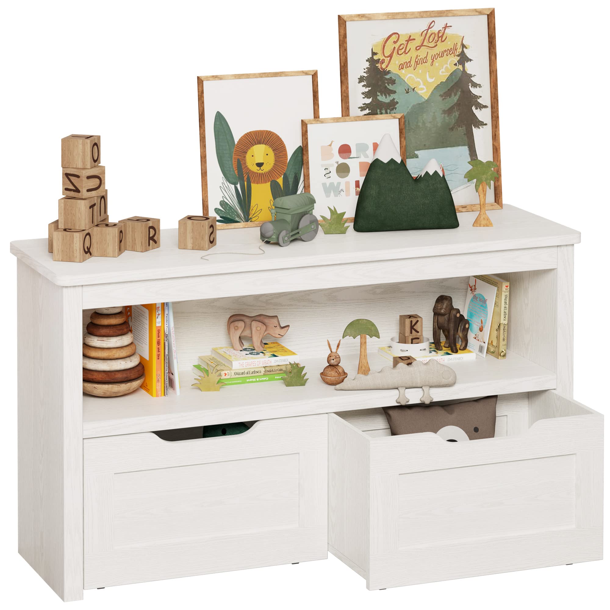 IRONCK Toy Storage Organizer with Drawers, Floor Toy Box with Wheels and Open Shelf, Storage Chest for Nursery, Playroom and Bed