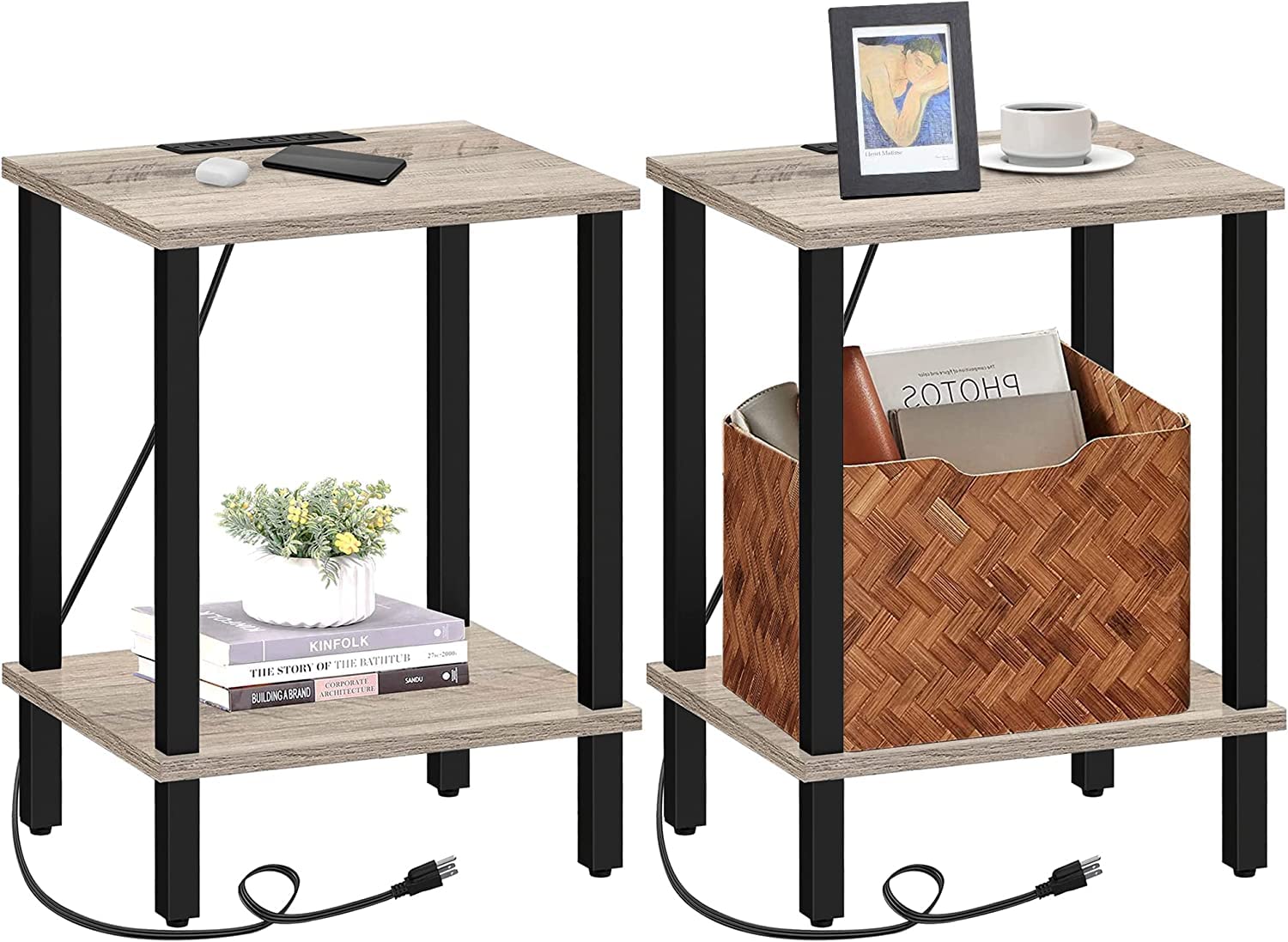 TUTOTAK End Table with Charging Station, Set of 2, Small Side Table, Nightstand Bedside Table, 2-Tier Storage Shelf for Small Sp