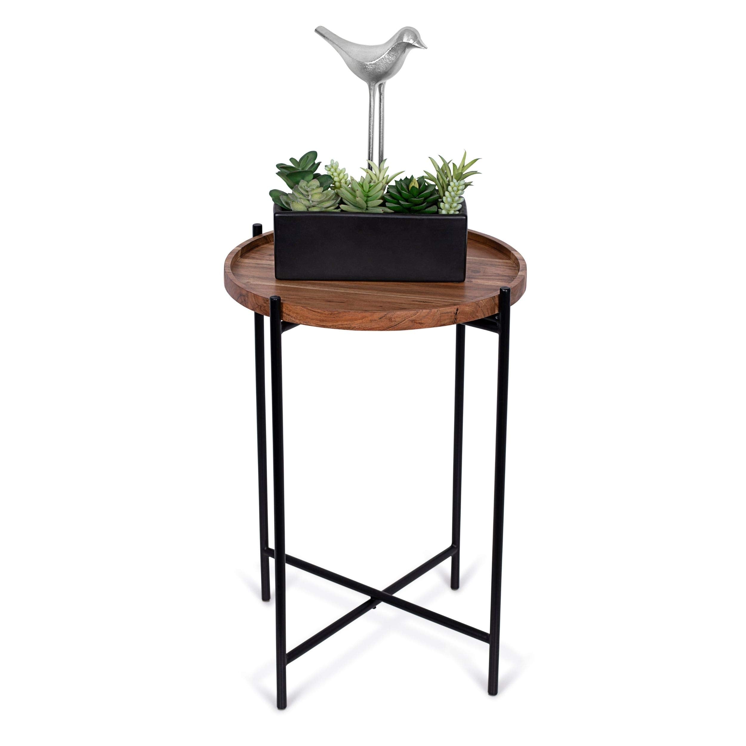 BIRDROCK HOME Folding Side Table with Removable Wood Tray - Black Metal Foldable Nightstand - Indoor Use Only - Bar Coffee Drink