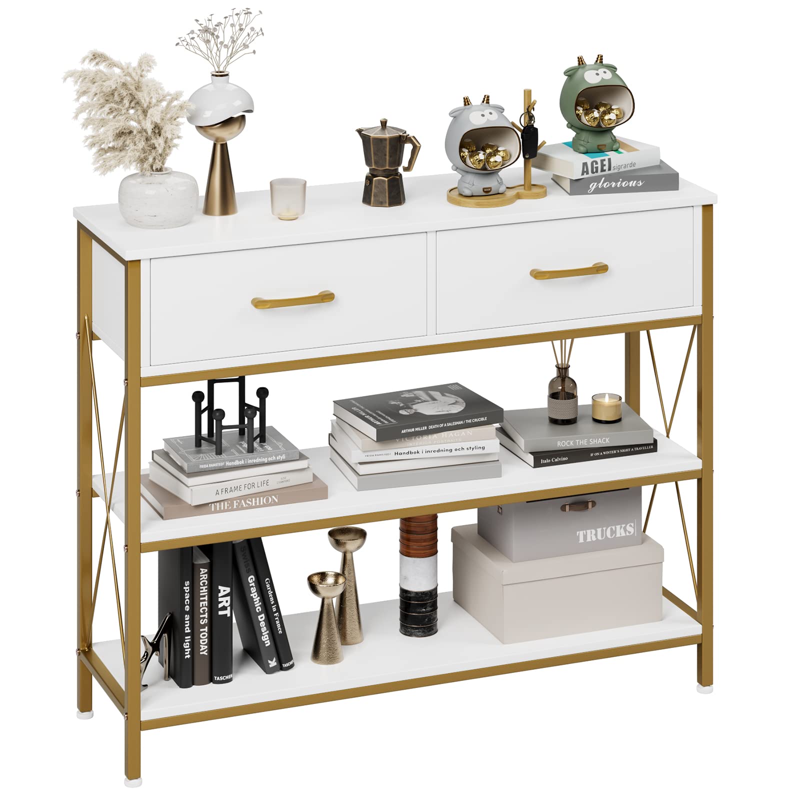 HITHOS Industrial Console Table with Drawers, Vintage Hallway Foyer Table with Storage Shelves, Narrow Long Sofa Entryway Table 