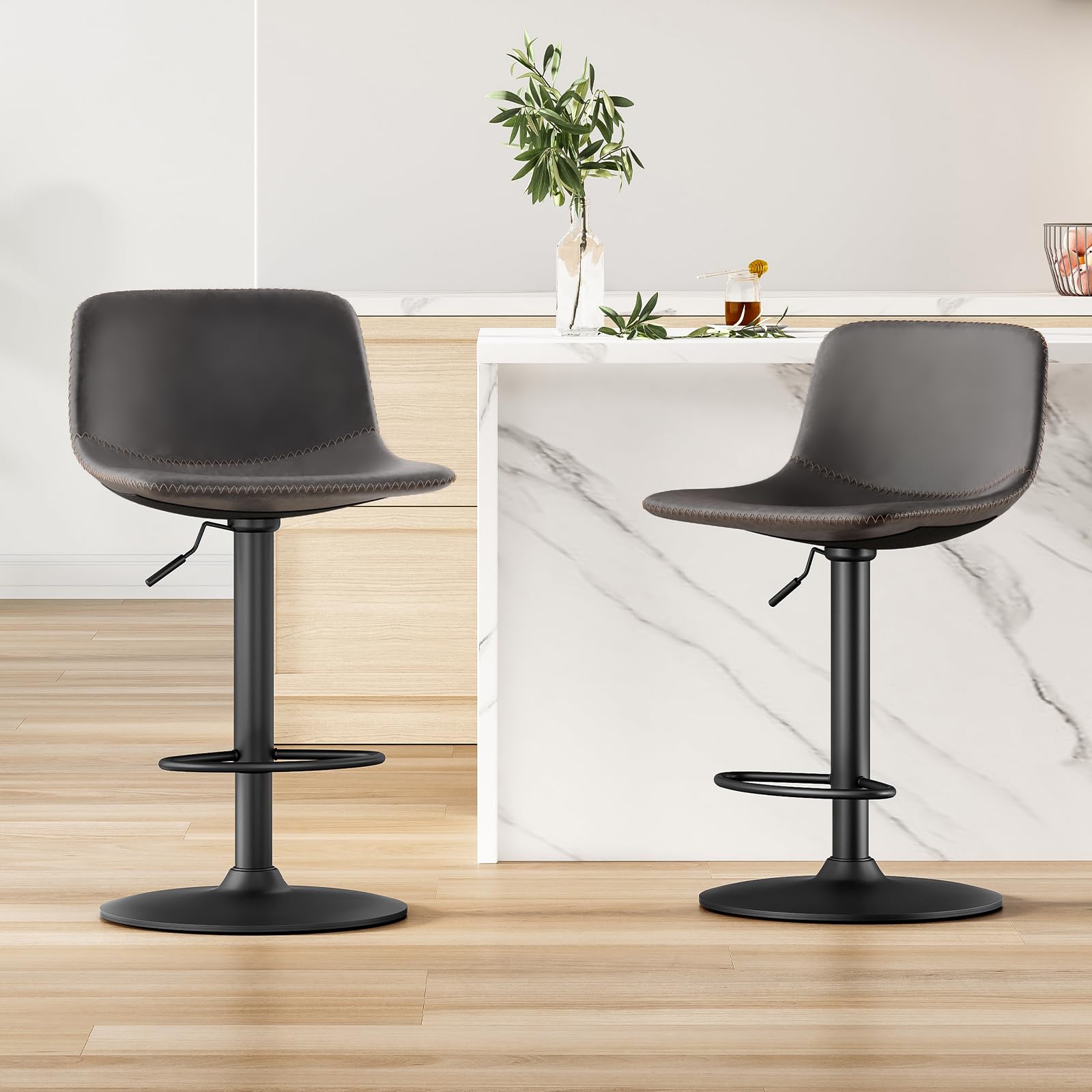 Adjustable Bar Stools Set of 2, Mid Century Modern Swivel Bar Stools, Industrial Bar Height Stools with Back Support Counter Hei