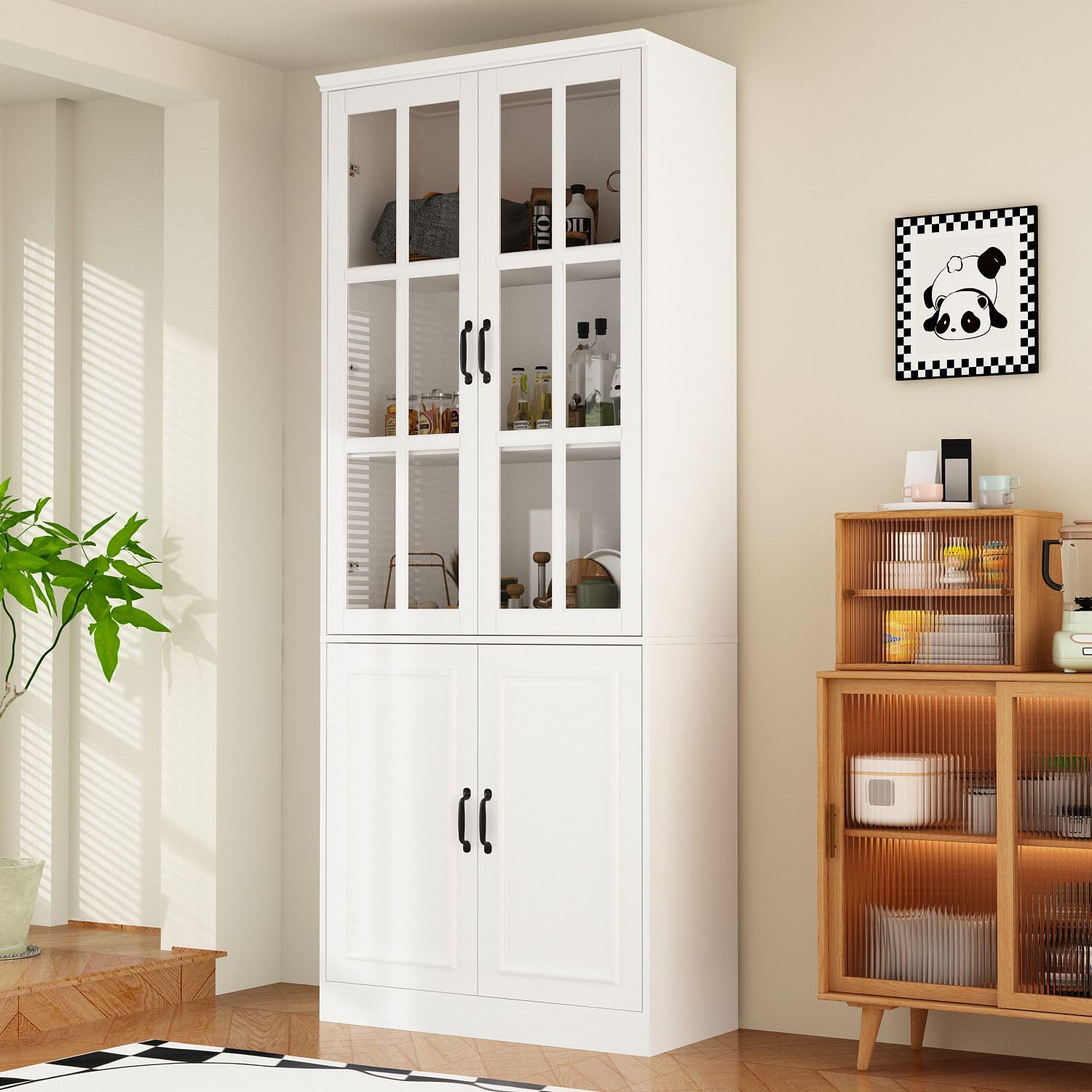 MOUMON Kitchen Pantry Storage Cabinet with Glass Doors, Pantry Cabinet and Kitchen Storage, Adjustable Shelves and Doors, for Ha