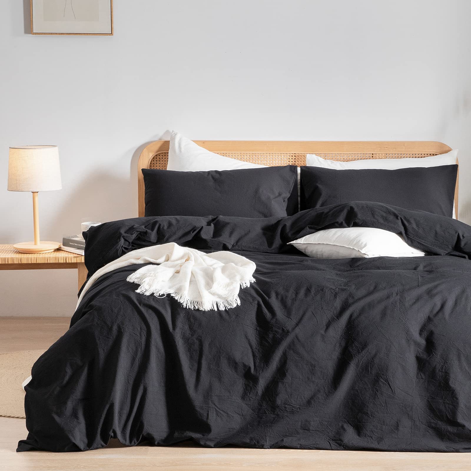 BESTOUCH Duvet Cover Set 100% Washed Cotton Linen Feel Super Soft Comfortable Chic Lightweight 3 PCs Home Bedding Set Solid Deep