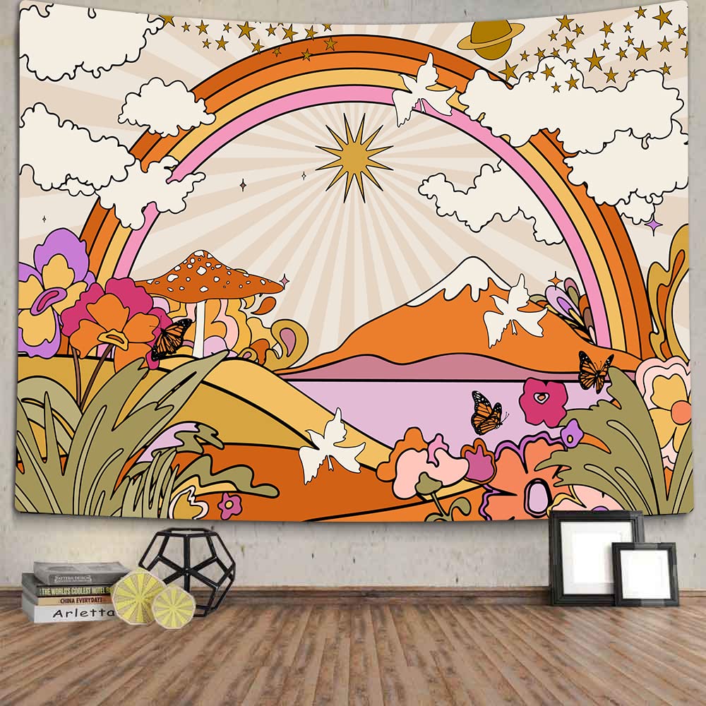 TOMOZ Vintage 70s 60s Groovy Tapestry, Retro Flowers Clouds Sun and Rainbow Tapestry Wall Hanging, Orange Boho Aesthetic Tapestr
