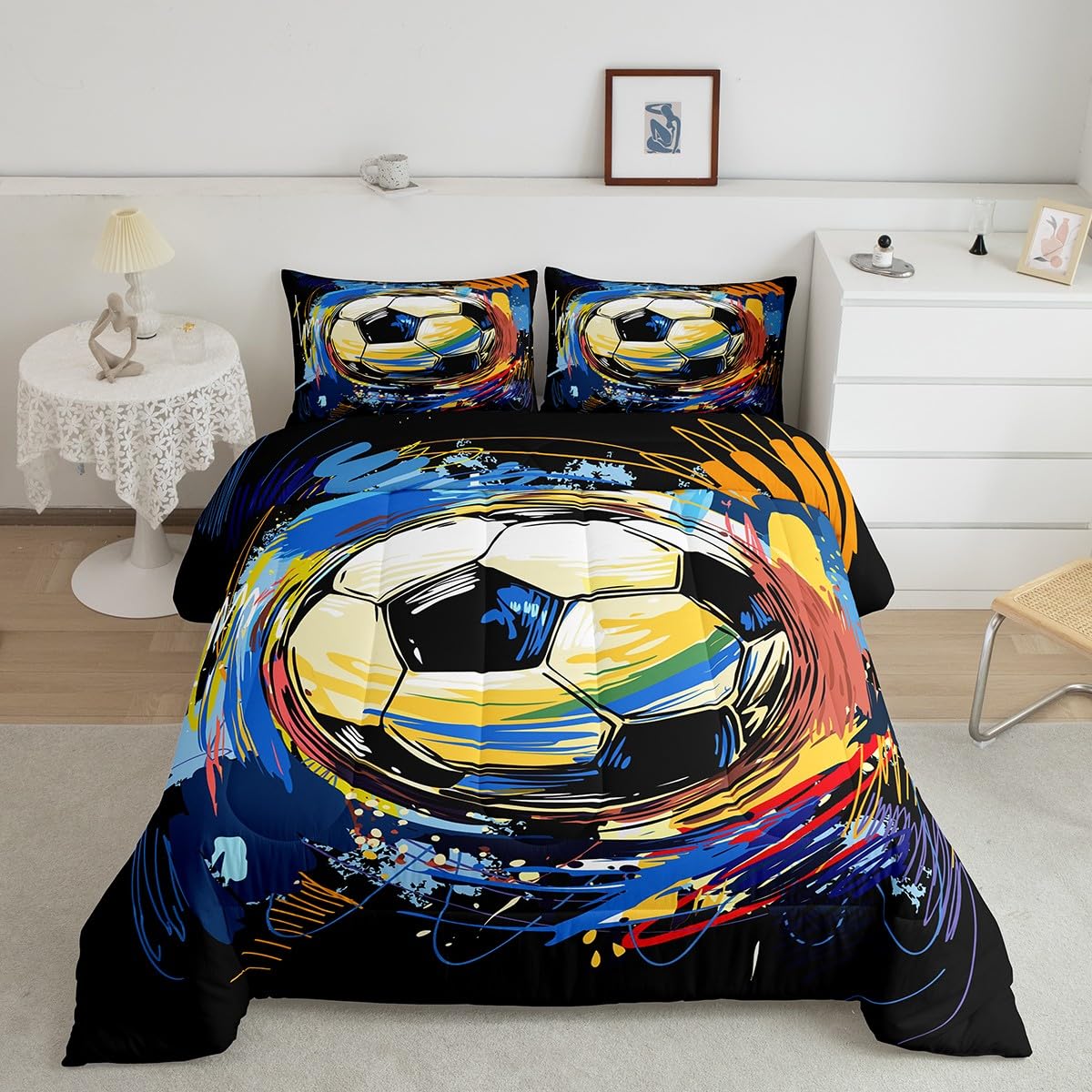 Feelyou Boys Soccer Bedding Set Twin Size Football Sport Comforter Set for Kids Graffiti Style Duvet Set Black Colorful Quilt Se