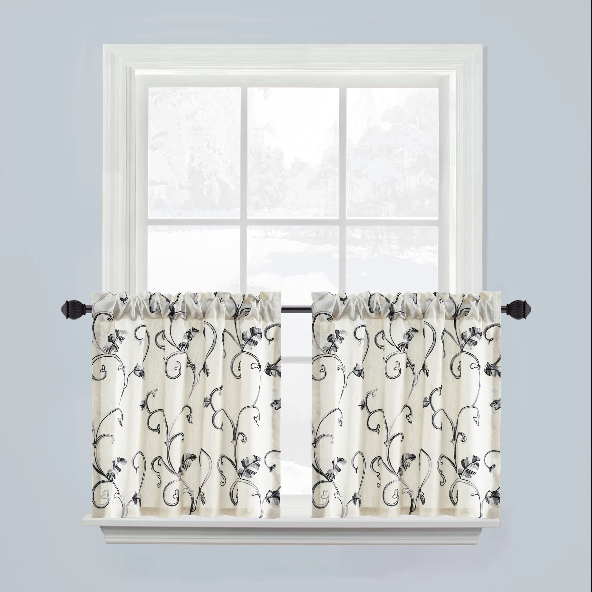 VOGOL 24 Inches Long Short Curtains, Grey Vines Faux Linen Tier Curtain Drapes for Kitchen Cafe Bathroom Basement Small Window T