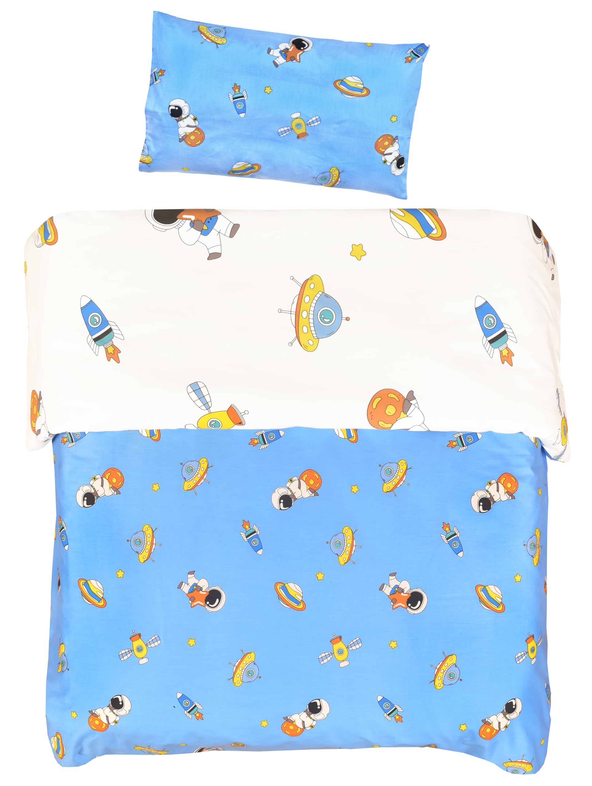 MEJU Astronaut Space Satellite Planet Rocket Blue 100% Cotton Duvet Cover 43 X 59 + Pillowcase 13 X19 Bedding Set with Zipper Cl