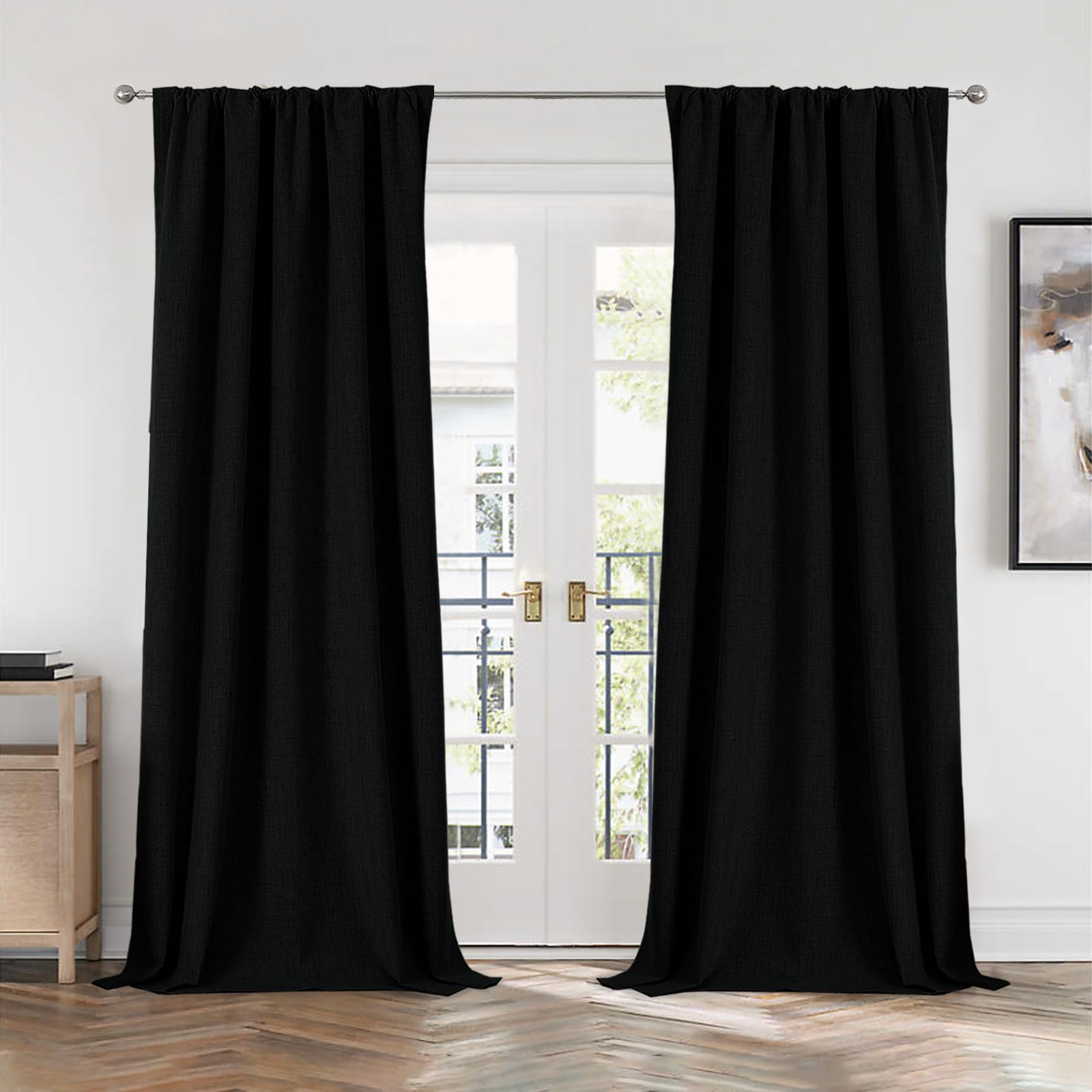 CUCRAF 100% Blackout Back Tab and Rod Pocket Curtains 120 Inch Length 2 Panels Set, Black Linen Curtain for Living Room Bedroom,