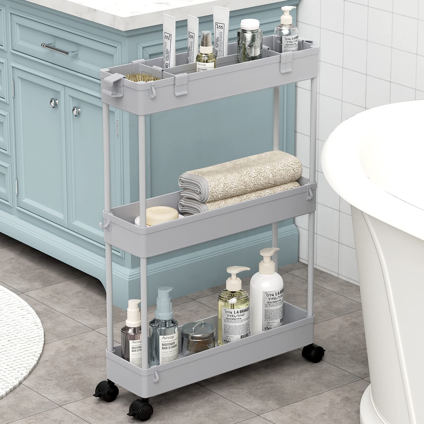 SPACELEAD Slim Storage Cart,3 Tier Bathroom Rolling Utility Cart Storage Organizer Slide Out Cart, Mobile Shelving Unit Organize