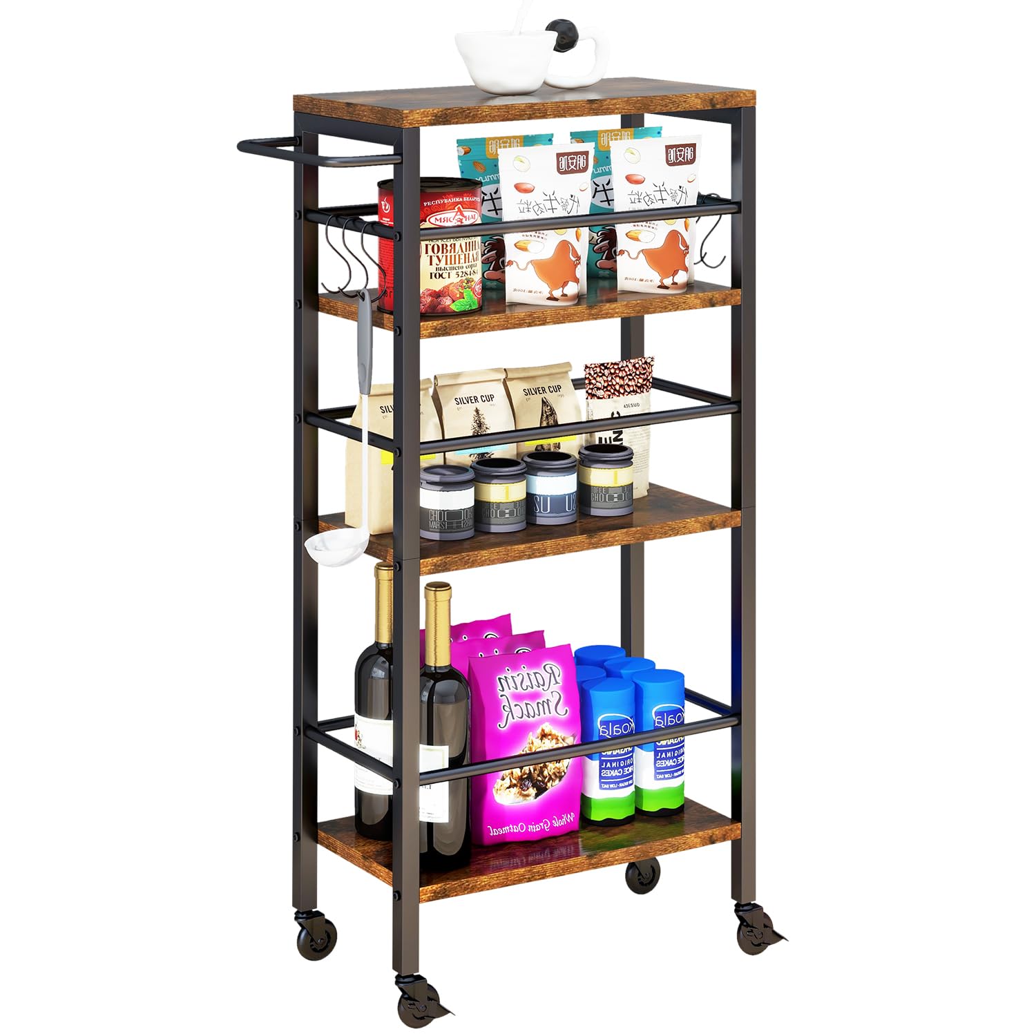 IBUYKE 7.8 Slim Rolling Cart,4-Tier Metal Kitchen Storage Cart,Trolley cart on Wheels for Narrow Space,with Handle and Wooden Ta
