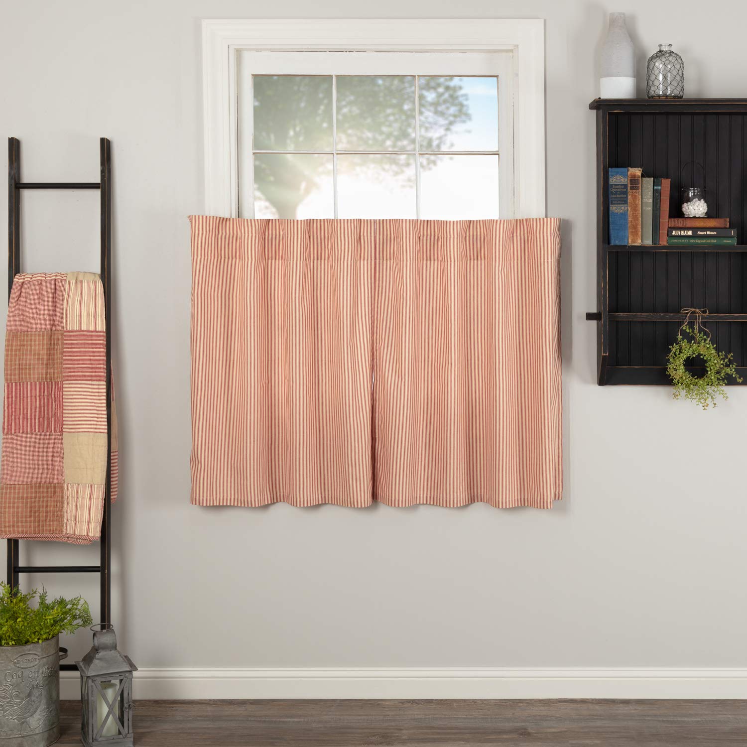VHC Brands Sawyer Mill Red Kitchen Curtain Set 2 Lined Tiers Farmhouse Country 36 Inch Cotton Vintage Stripes