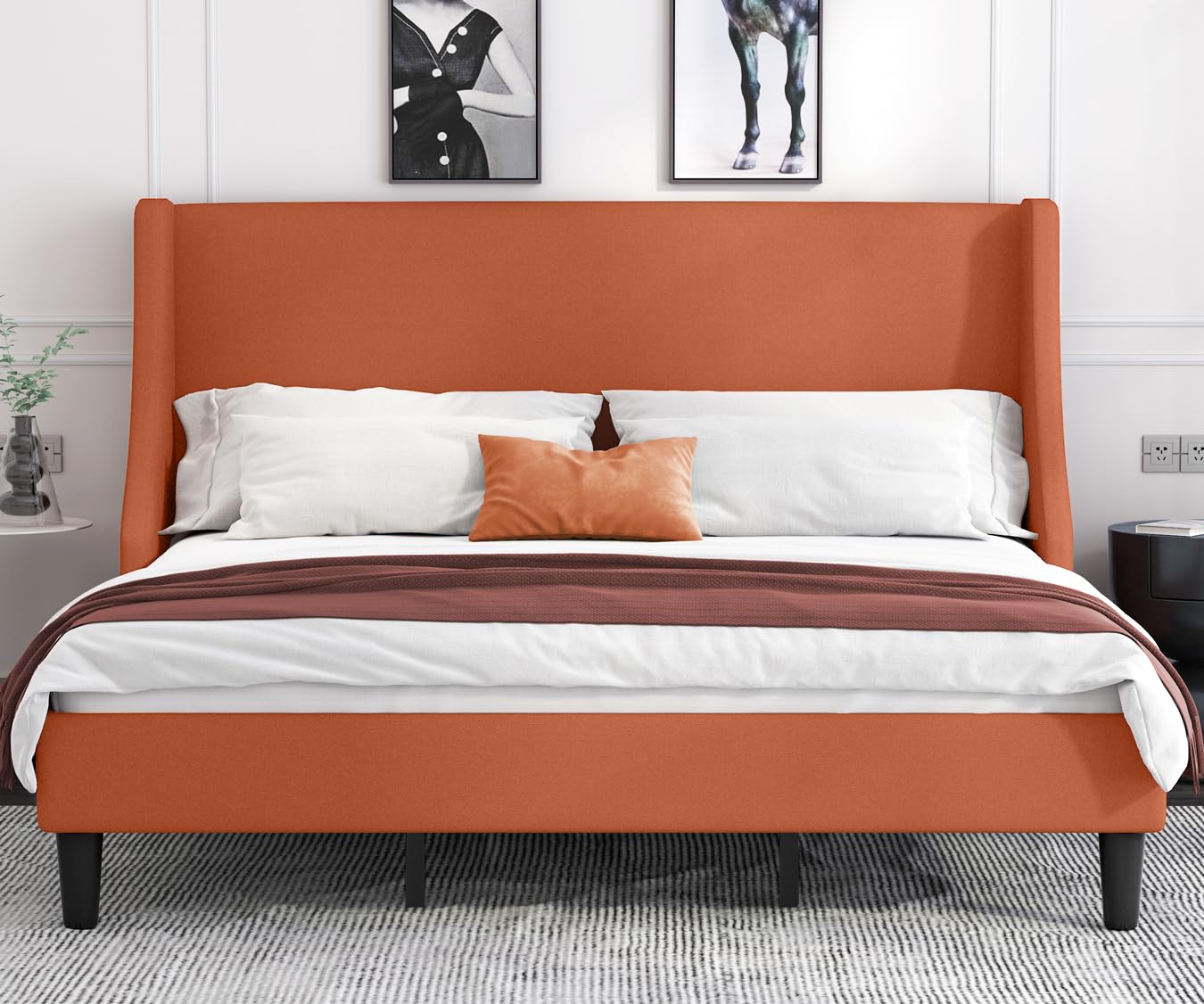 Allewie King Size Platform Bed Frame with Upholstered Headboard, Modern Deluxe Wingback, Wood Slat Support, Mattress Foundation,