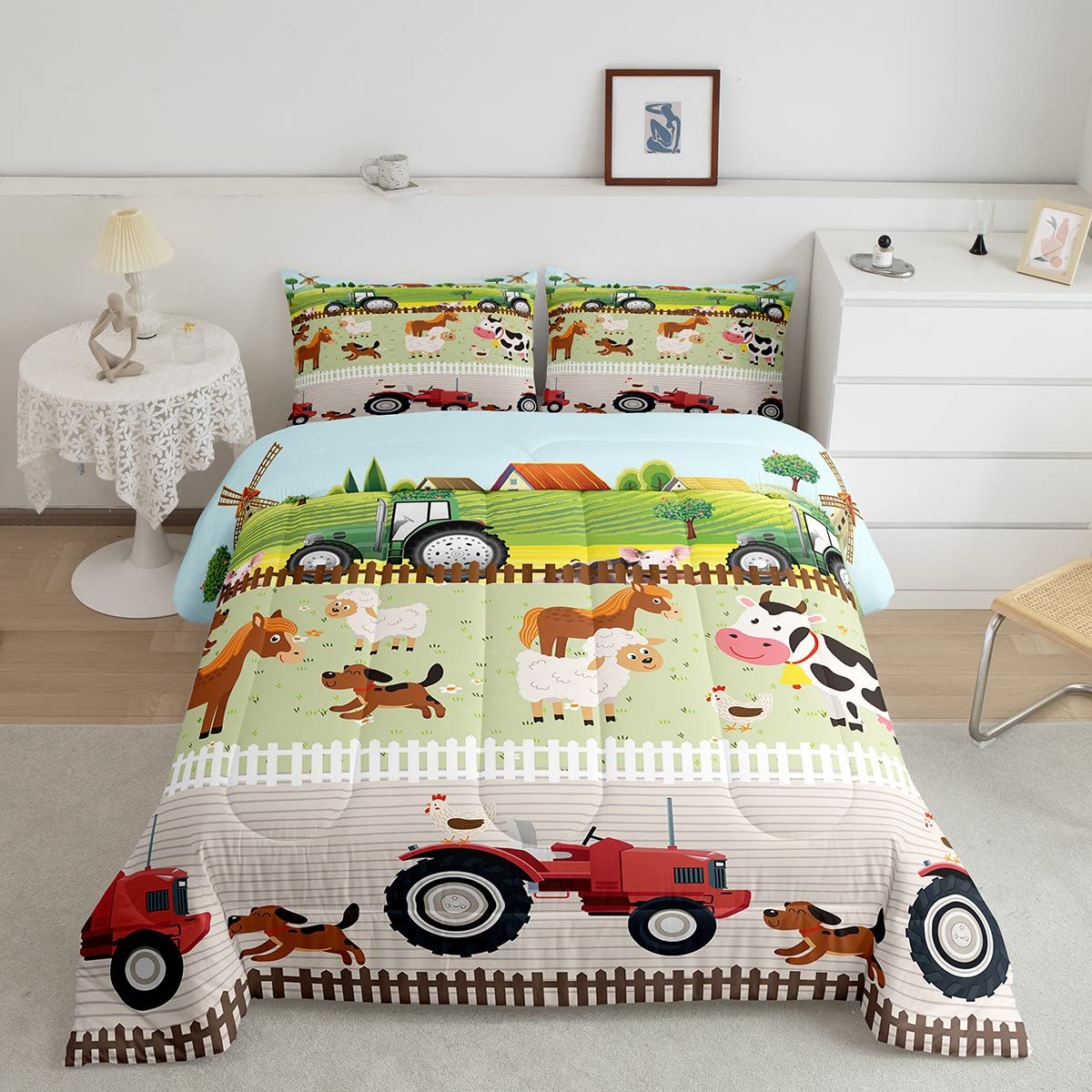 Tractor Bedding Sets for Boys Twin Size Toddler Kids Cute Cartoon Farm Animals Comforter Set Girls Children Farmhouse Country Do