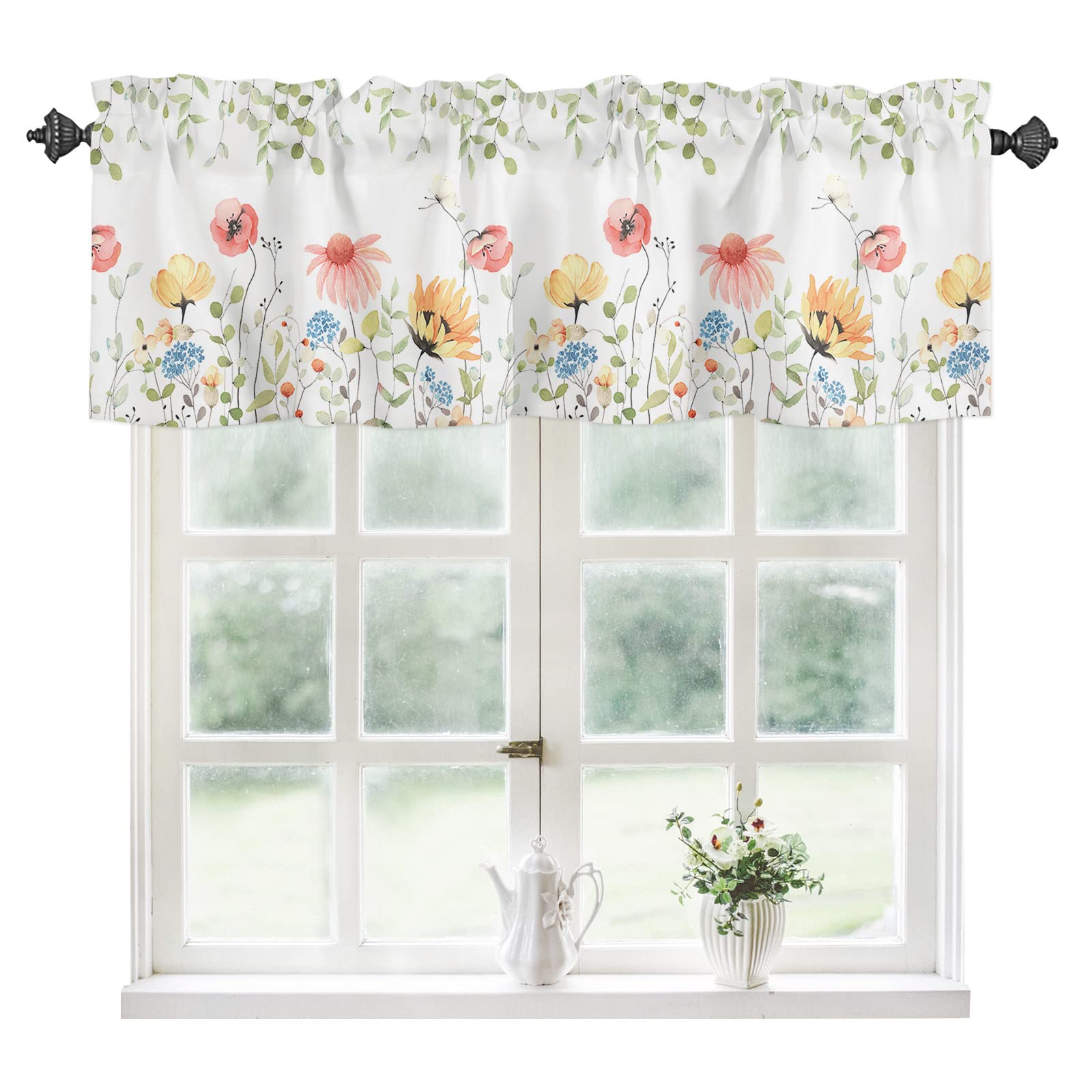 YOKOU Kitchen Curtain Valance, Flower Spring Wildflowers Farm Floral Leaf Plant Short Rod Pocket Window Curtain for Bedroom, Bat