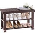 Apicizon Bamboo Shoe Rack for Entryway, 3-Tier Shoe Rack Bench for Front Indoor Entrance, Small Shoe Organizer with Storage, Dar