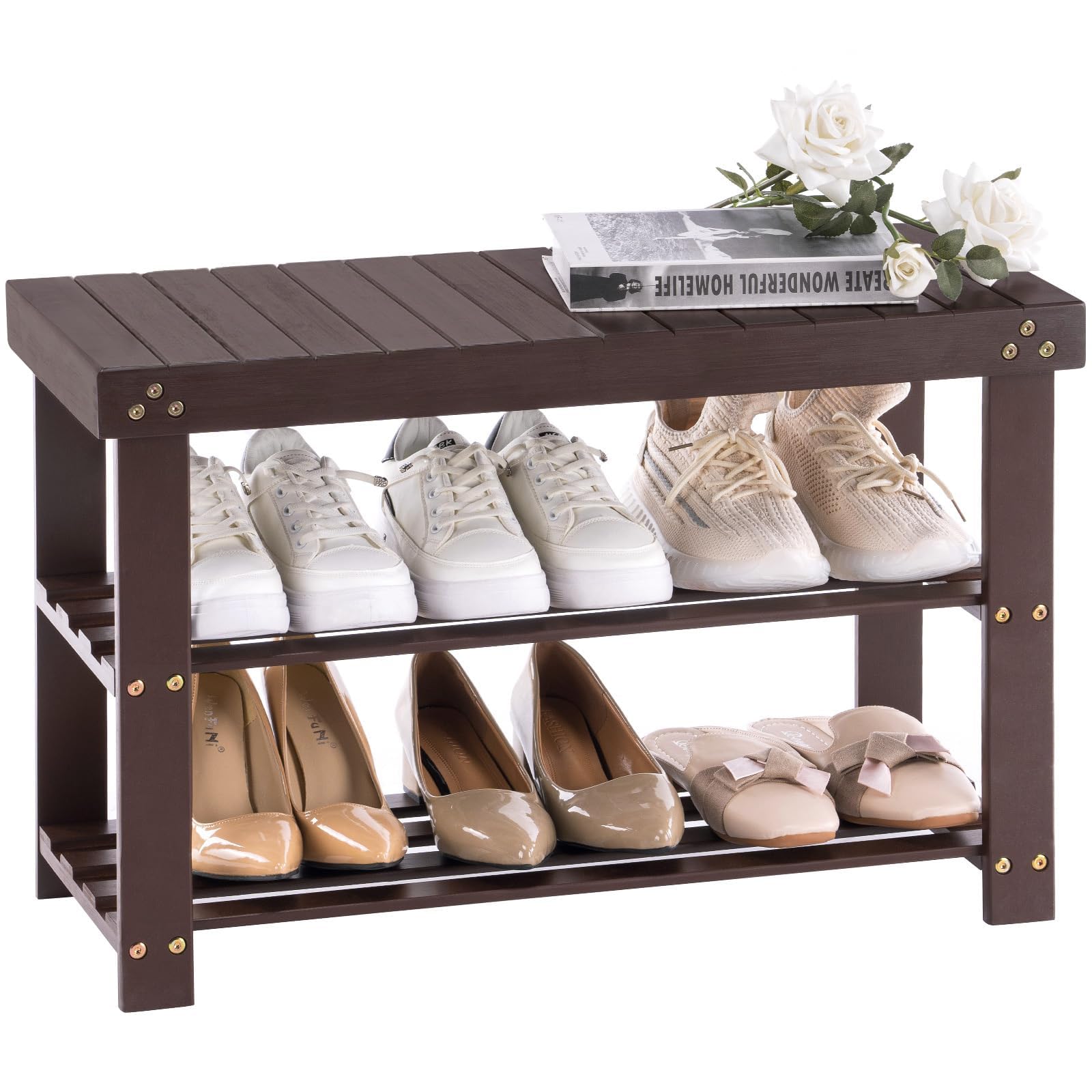 Apicizon Bamboo Shoe Rack for Entryway, 3-Tier Shoe Rack Bench for Front Indoor Entrance, Small Shoe Organizer with Storage, Dar