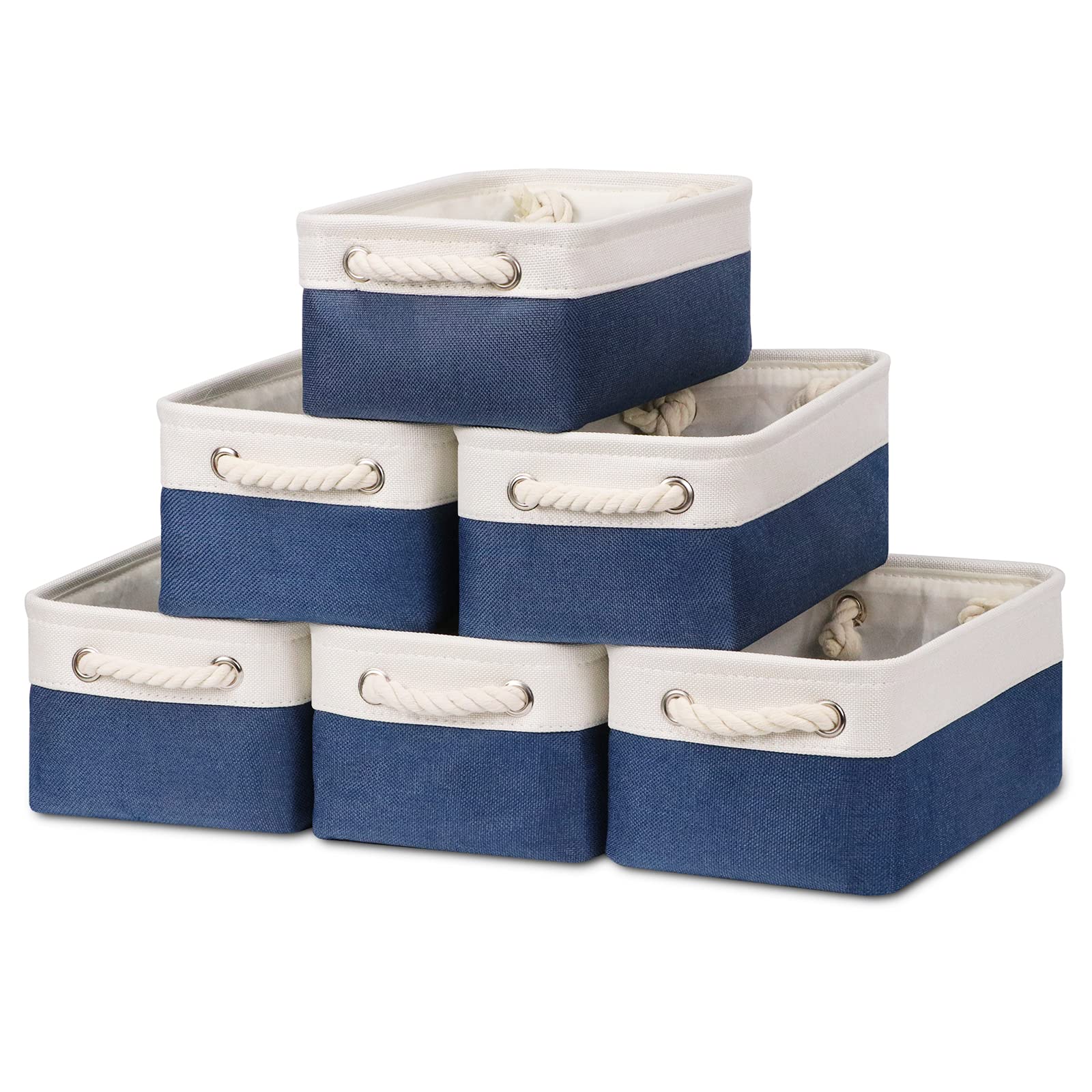 Bidtakay Small Canvas storage baskets with Handles [6 Pack] Navy Blue Fabric Storage Bins 11.8 x 7.8 x 5 inches Decorative stora