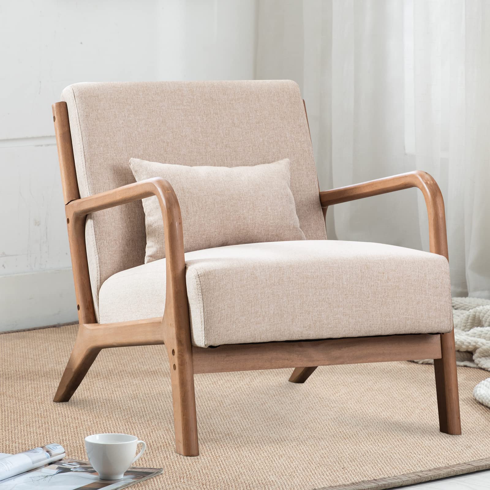 INZOY Mid Century Modern Accent Chair with Wood Frame, Upholstered Living Room Chairs with Waist Cushion, Reading Armchair for B