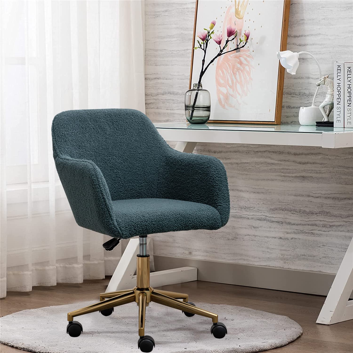 Modern Faux Fur Home Office Chair, Upholstered Elegant Makeup Vanity Chair for Teen Girls Swivel Desk Chair with Gold Base, Heig