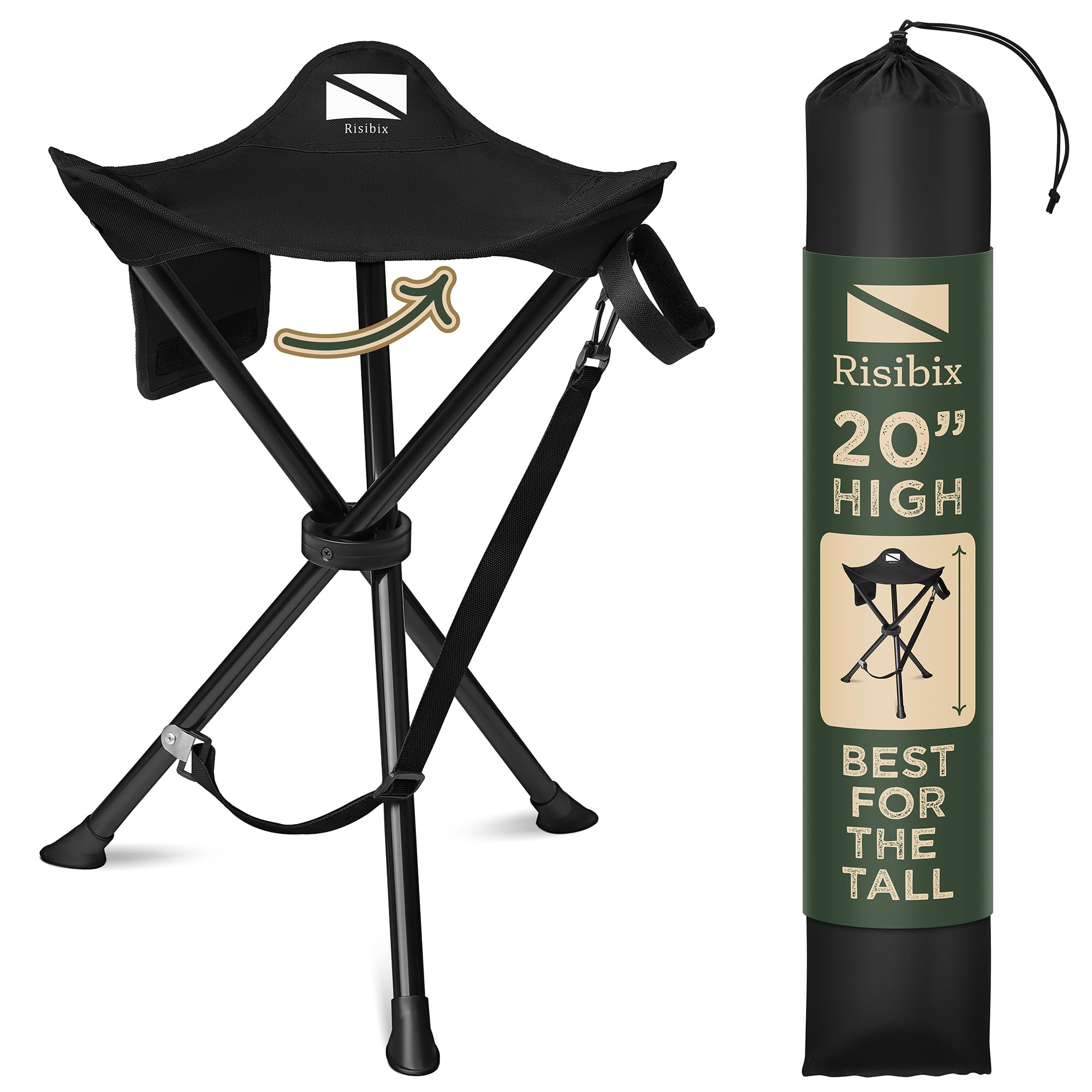 RISIBIX Foldable Tripod Stool - Ultra Portable Seat for Tall People, 20    High - Hunting Chair & Hidden Zippered Pocket - 2 lb 