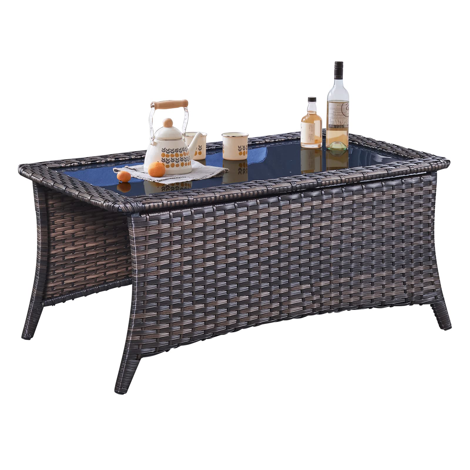 Patio Coffee Table Outdoor Rectangular Glass Table, Handwoven Rattan Patio Furniture Brown Wicker Coffee Table Compatible with P
