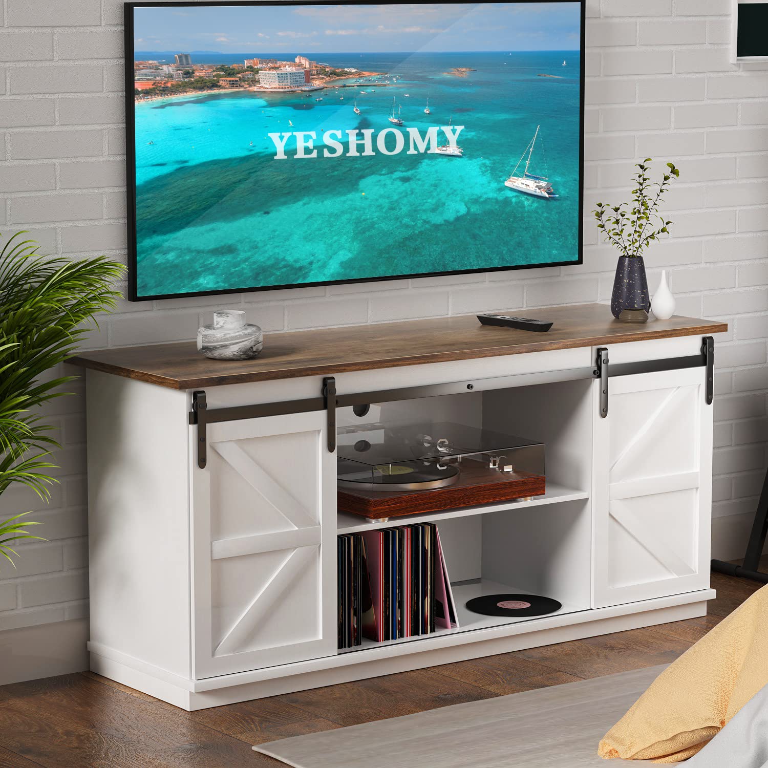 YESHOMY Farmhouse TV Stand and Entertainment Center for Televisions up to 65 Inchs, with Sliding Barn Doors and Storage Cabinets