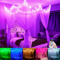White Bed Canopy with Star Lights Girls Bedroom Christmas Decor, 8 Corners Post Hanging Princess Canopy Bed Curtains 100 LED Col