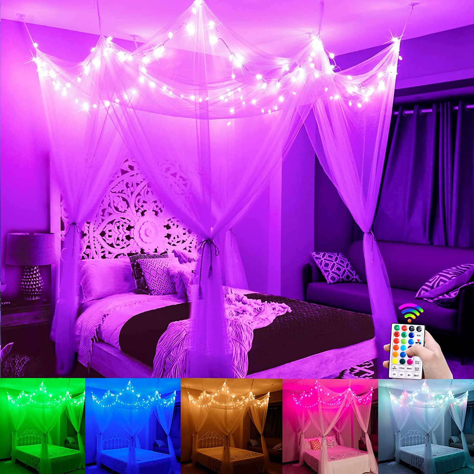 White Bed Canopy with Star Lights Girls Bedroom Christmas Decor, 8 Corners Post Hanging Princess Canopy Bed Curtains 100 LED Col