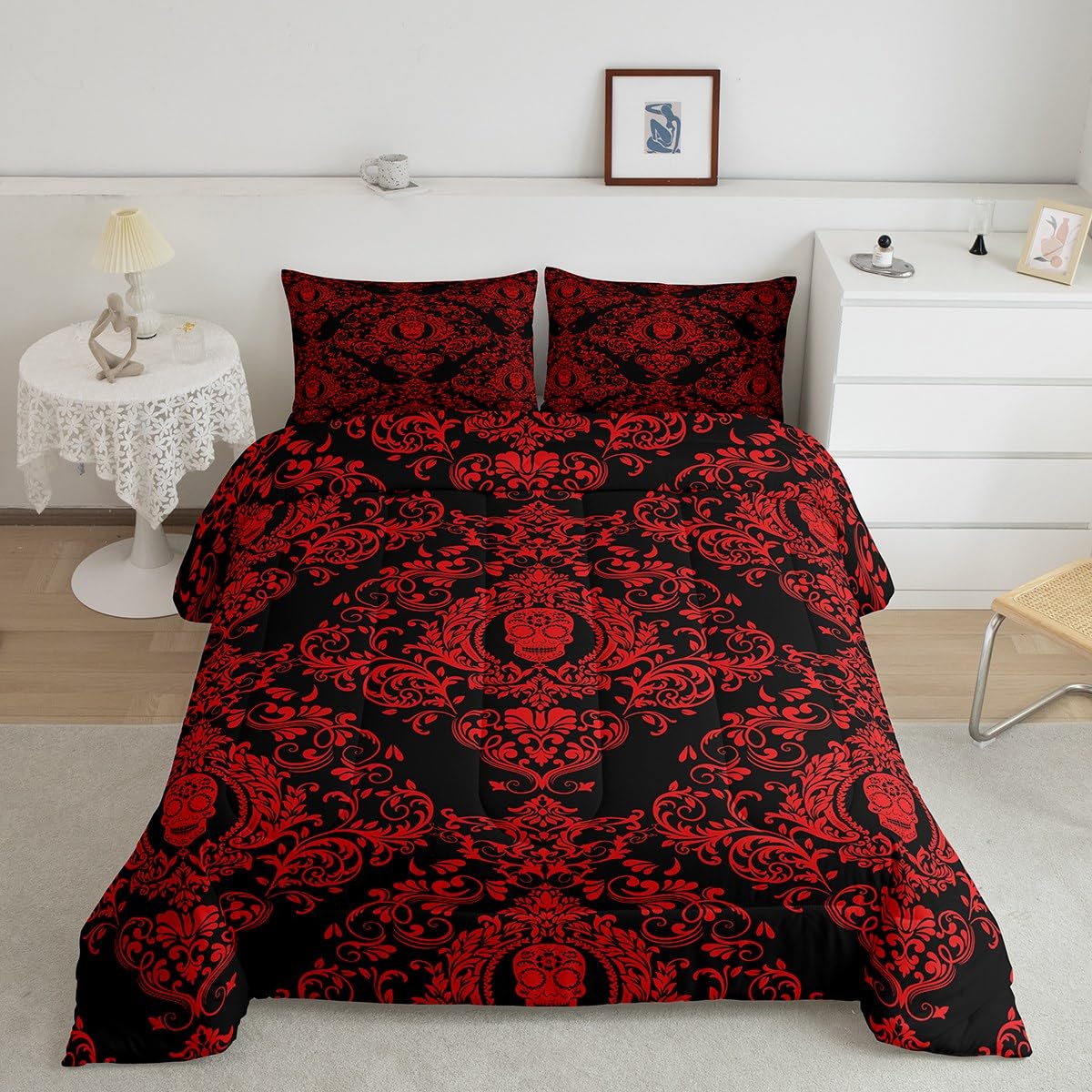 Feelyou Adults Red Vintage Damask Floral Comforter Set Oriental Antique Comforter Queen Size Gothic Bohemia Boho Bedding Set Exo