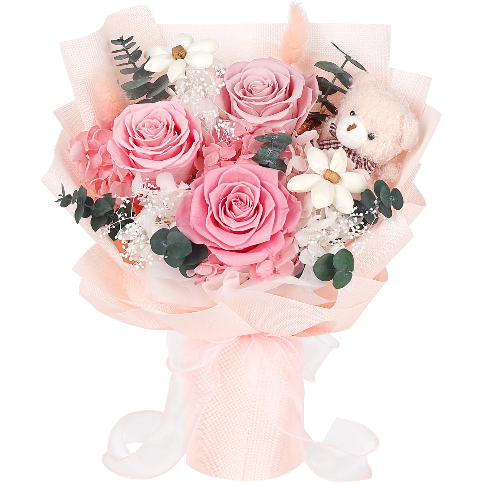Preserved Flowers Bouquet with Bear, 3 Real Forever Flowers for Delivery, Long-Lasting Pink Eteranl Roses Bouquet Birthday Gifts
