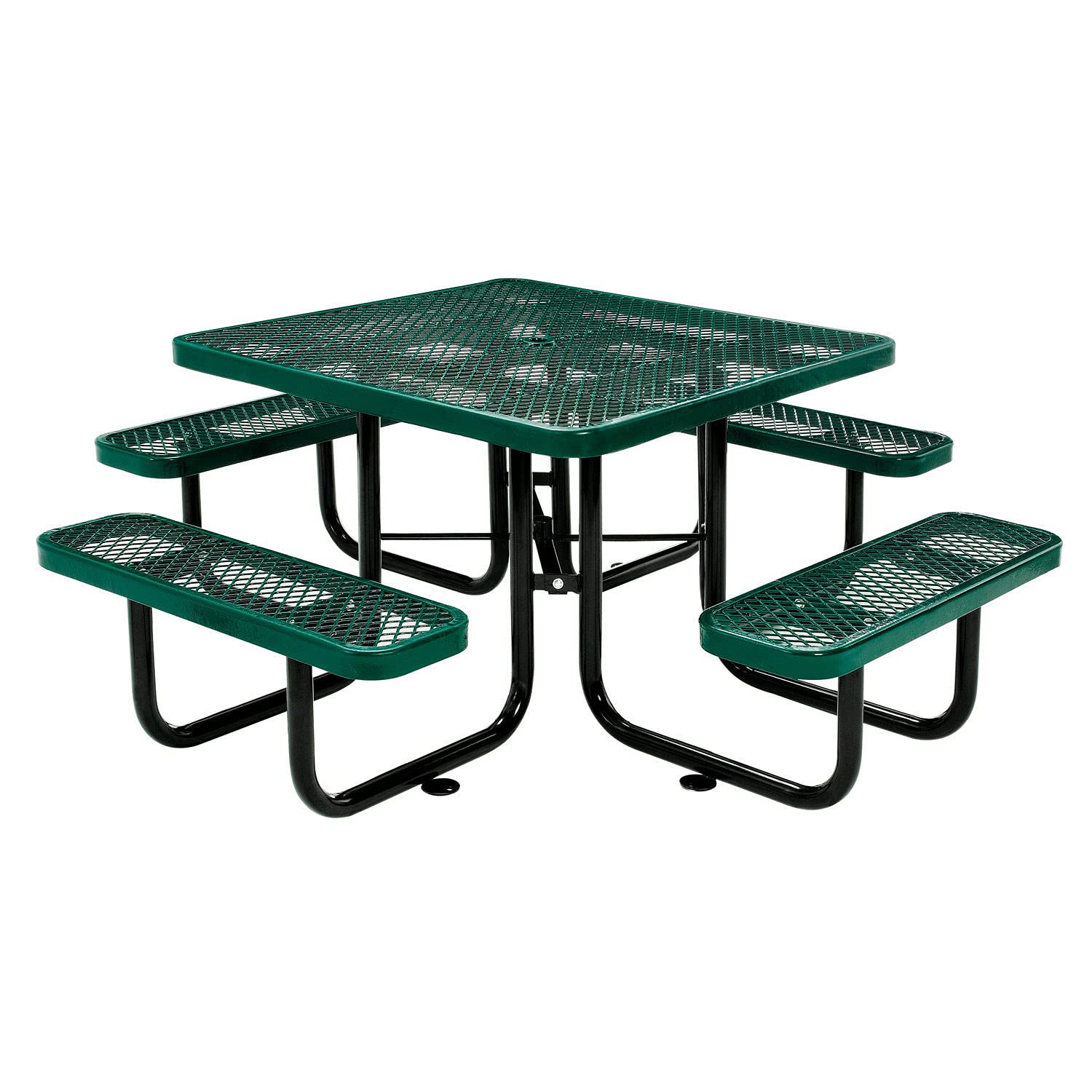 Global Industrial 46  Square Picnic Table, Expanded Metal, Green Thermoplastic Coating, Attached Benches, 1-1/2    Umbrella Pole