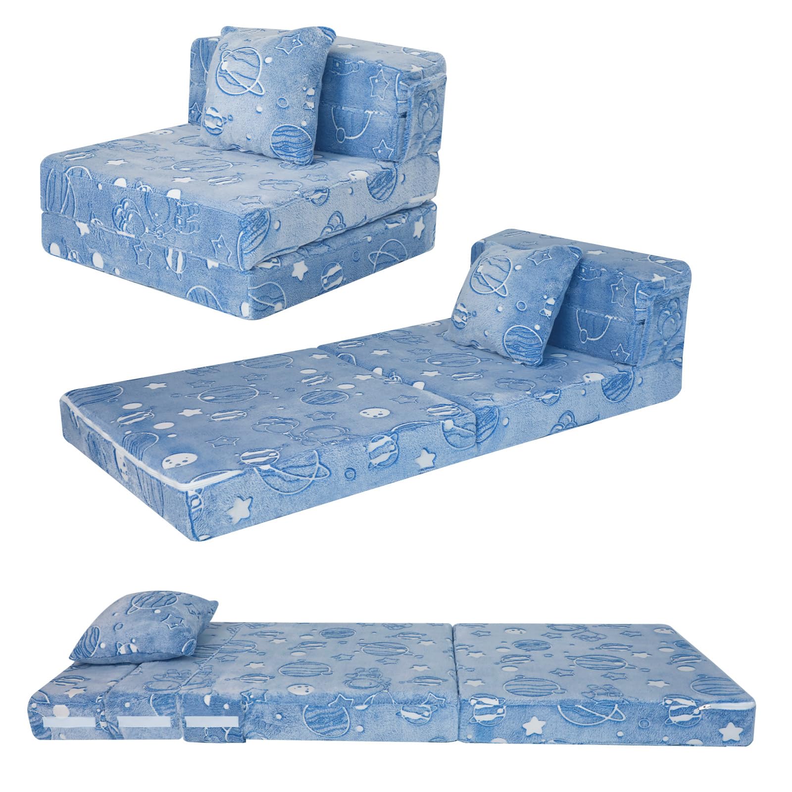 Folding Sofa Bed Floor Mattress for Kids, Glow Tri Folding Mattress Kid Fold Up Sofa Futon Folding Chair Bed, Child Foldable Mat