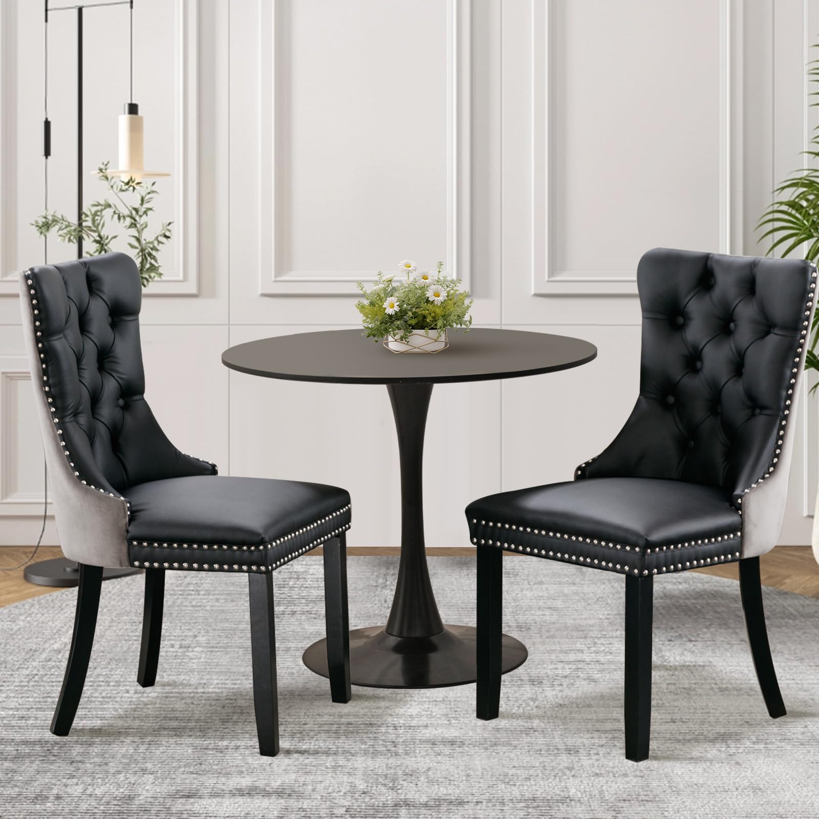 SoarTalent 3-Pieces 31.5 Round Dining Table Set for 2, Black Dining Table & PU & Velvet Upholstered Dining Chairs Set of 2 for K